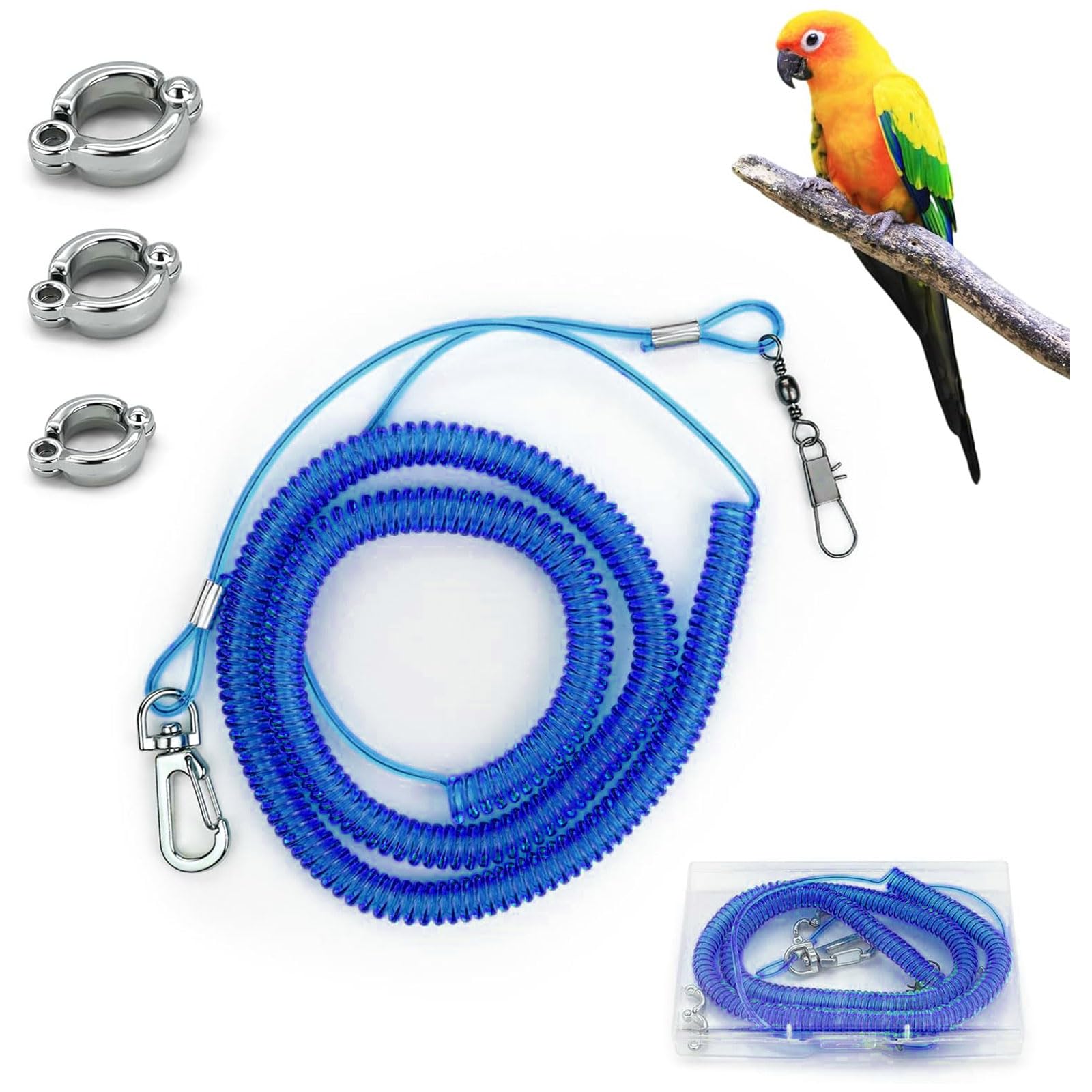LuckyOpt Parrot Flying Leash, 16.4 ft Training Rope with 3 Size Bird Foot Ring, Anti-Bite Elastic String for Cockatiels, Birds, Pigeon (Blue)