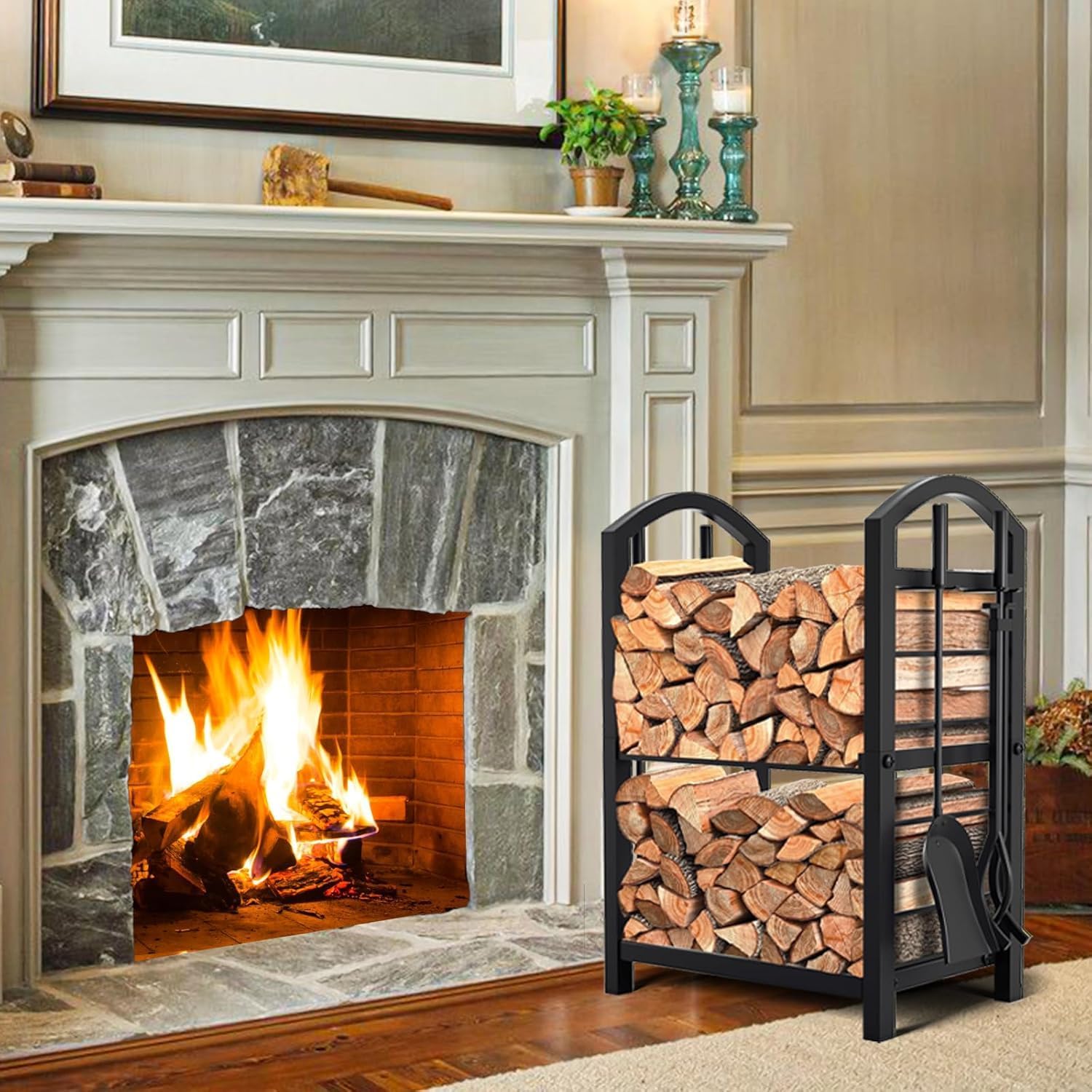 Garvee Leñero de Hierro para Interior y Exterior, Estante de Almacenamiento para Leña de 244 x 30 x 122 cm, Soporte Metálico Resistente con Capacidad de 450 kg para Chimenea y Jardín, Negro Mate