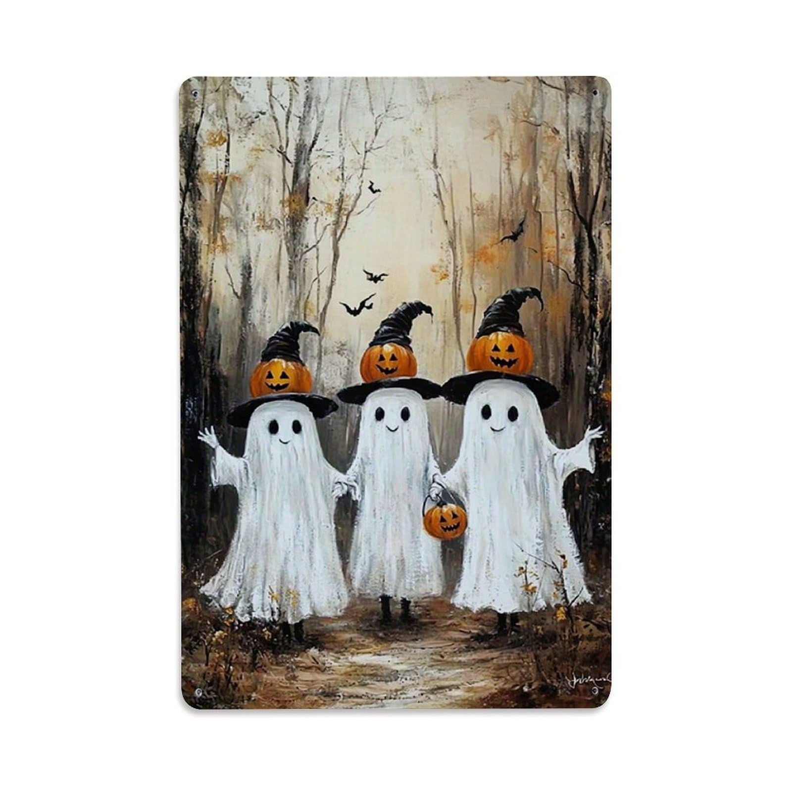 Ghost Pumpkin Witch Forest Halloween Vintage Tin Sign Retro Metal Wall Decor Metal Poster, Home Bar Garage Farmhouse Cafe Wall Art Decoration 8x12Inches