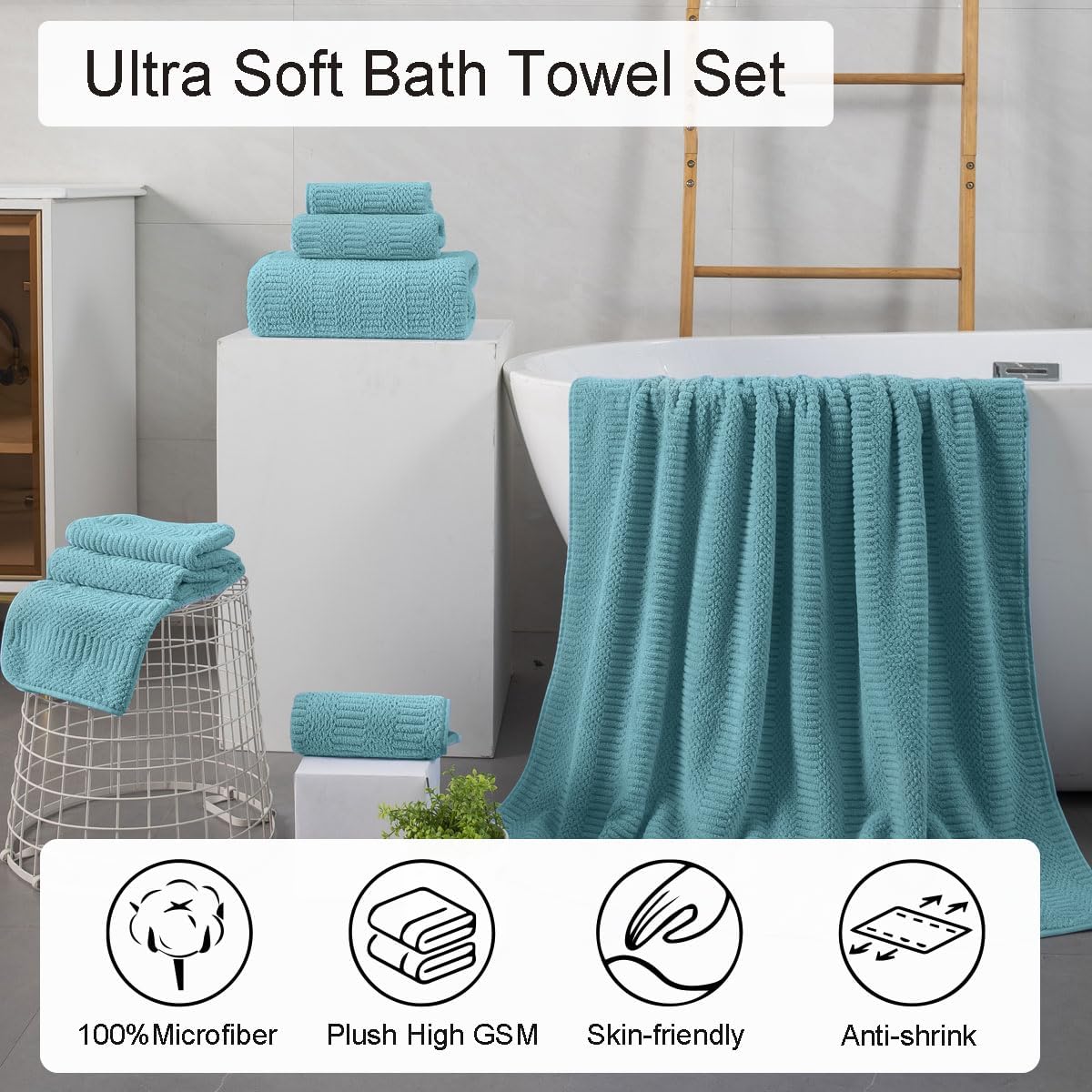 8 Piece Oversized Turquoise Bath Towel Set-2 Extra Large Bath Towel Sheets,2 Hand Towels,4 Washcloths-600GSM Soft Highly Absorbent Quick Dry Beach Chair Towels Woven Towels for Bathroom Hotel and Spa - Image 2