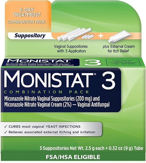 Monistat 3-Day Yeast Infection Treatment for Women, 3 Miconazole Vaginal Suppositories & External Itch Relief Cream (9g Tube) Combo Pack