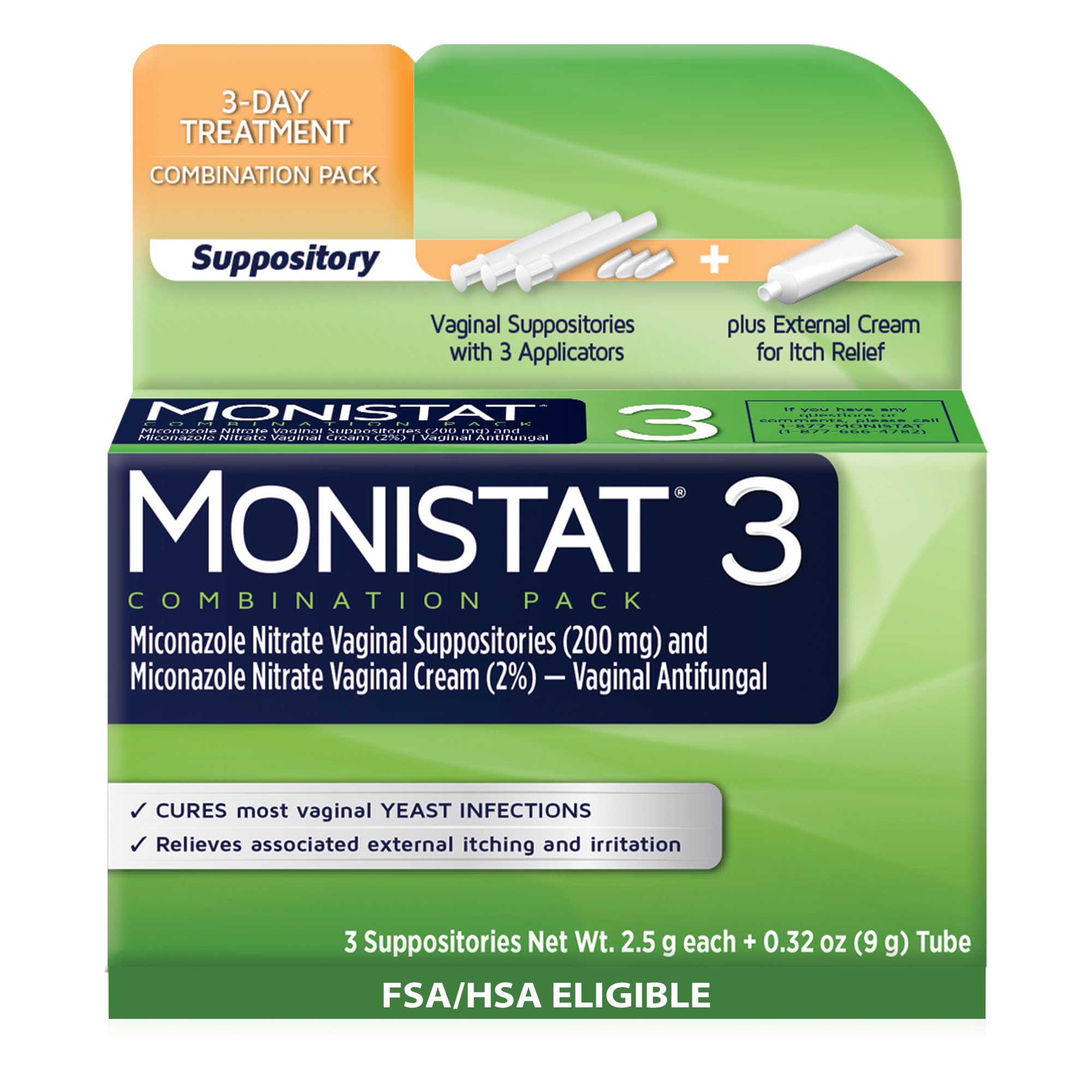 Monistat 3-Day Yeast Infection Treatment Suppositories + Itch Relief Cream, 7 Piece Set