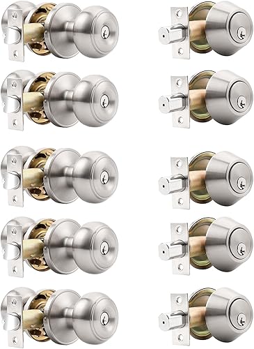 Miniatura 1 de Probrico Paquete de 5 pomos para puerta de entrada con cerrojo de un solo cilindro, juego de manijas de puerta con igual llave para entrada y puerta