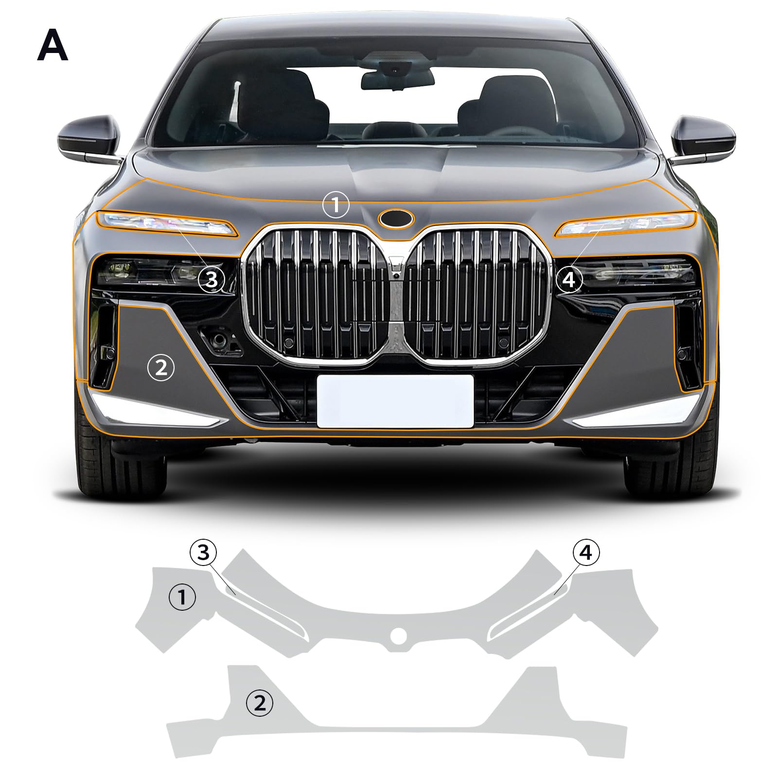 PPF Lackschutzfolie für BMW 7er G70 i7 2023 2024 8.5mil TPU Vorgeschnittene Selbstklebende Lackschutzfolie Transparent Zubehör (Frontbügel+Scheinwerfer 4Stück)