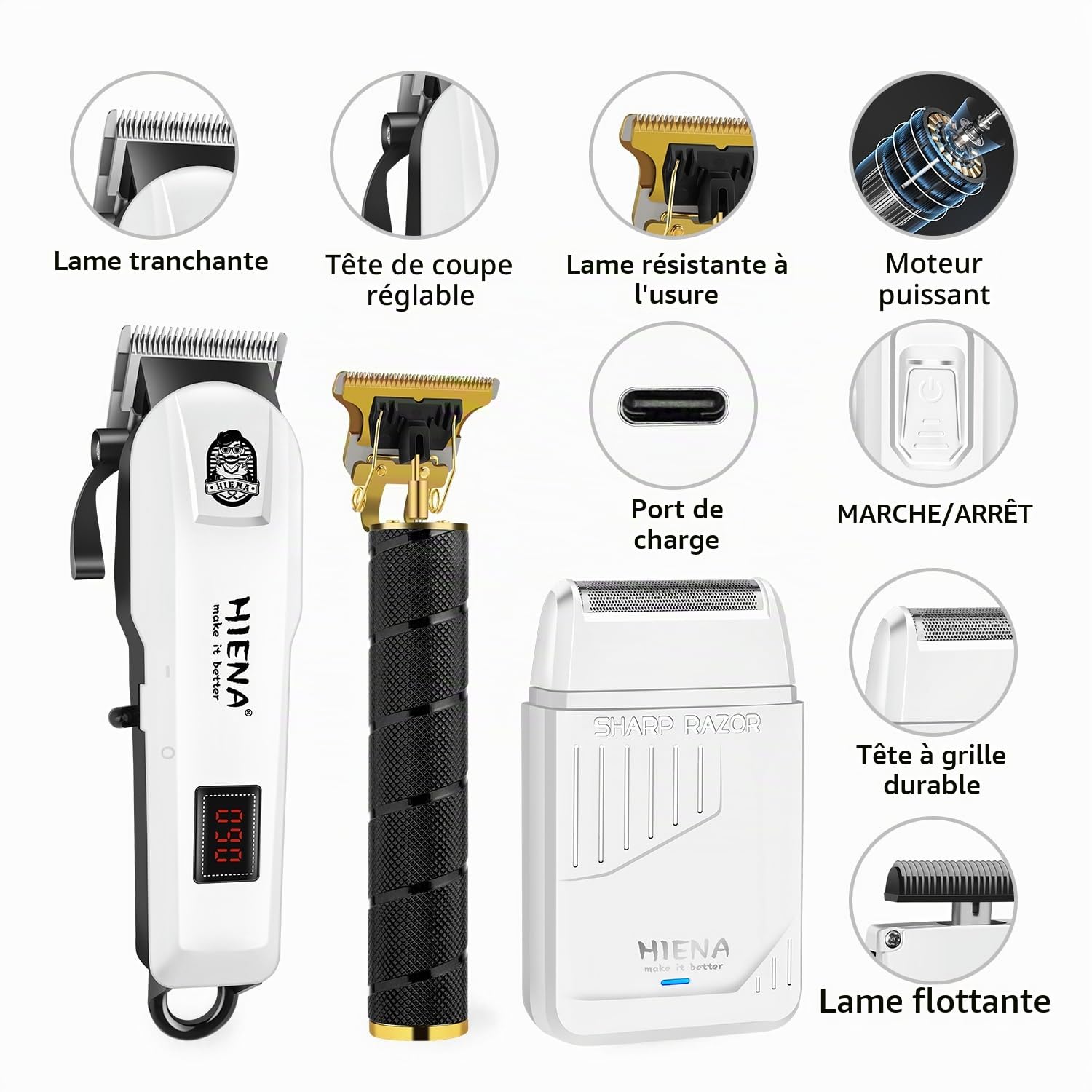 HIENA PRO Tondeuse à cheveux pour homme, kit de barbier sans fil 3 en 1