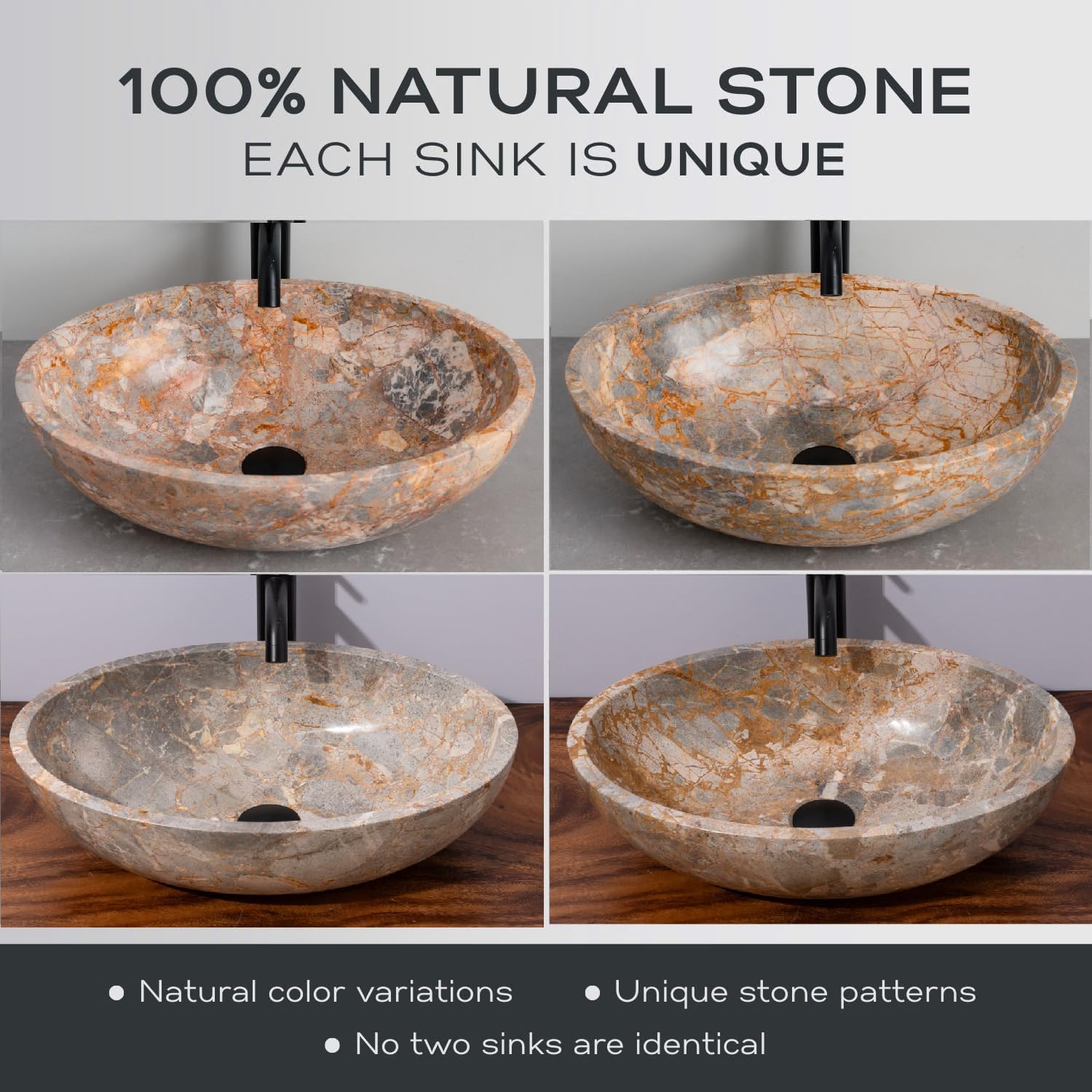 Oval-Shaped Golden - Gray Marble Vessel Sink for Bathroom – 19" × 15" × 6"