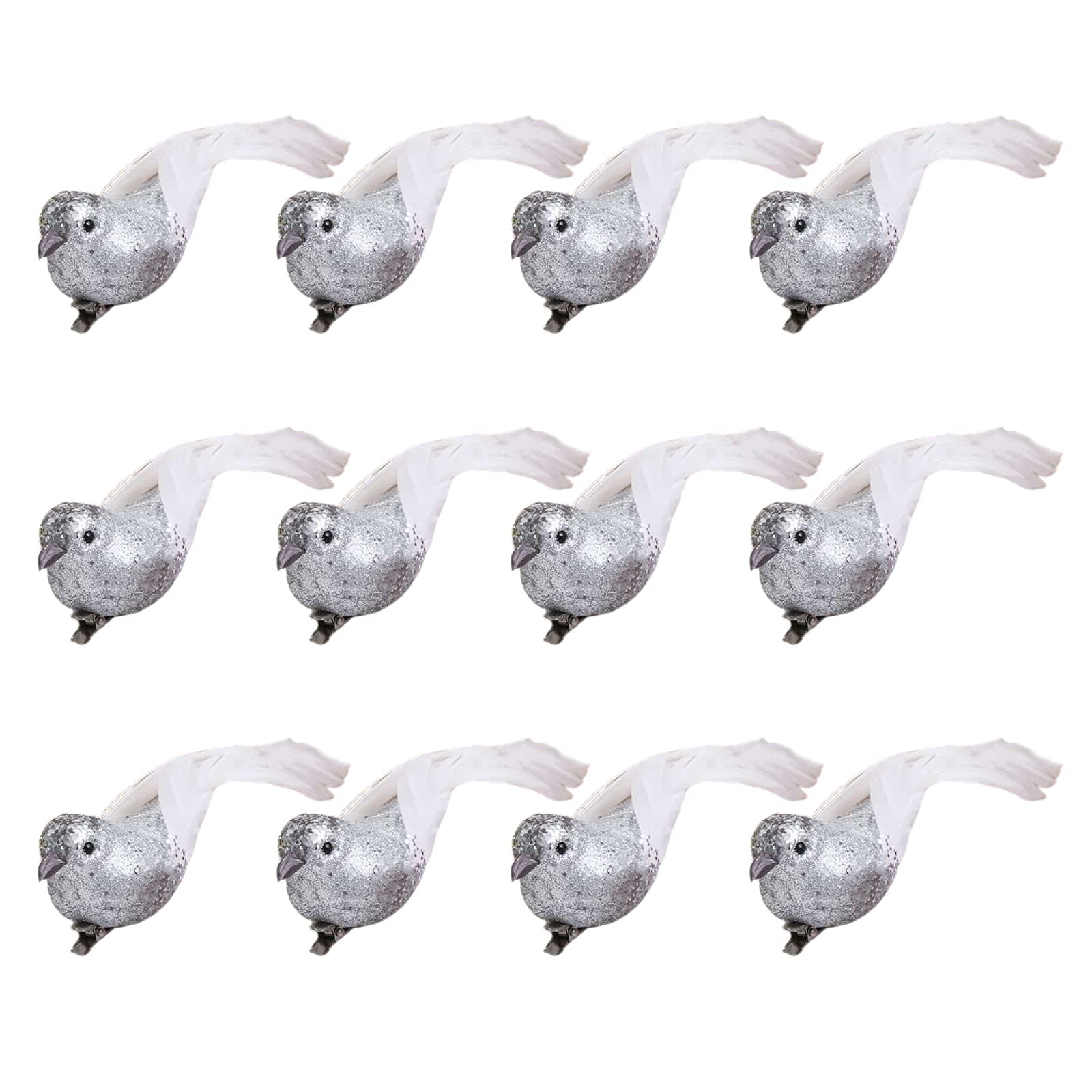 QYLJZB 12Pcs Artificial Christmas Glitter Cardinal Birds Ornament, Xmas Silver Bird with Metal Clip,Feather Birds for DIY Crafts Christmas Tree Garden Wreath Decoration