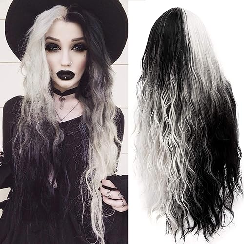 Mildiso Long Wigs for Women 26'' Black White Wig Cute Colorful Silver Hair Perfect for Party Halloween M051 - Black/Silver