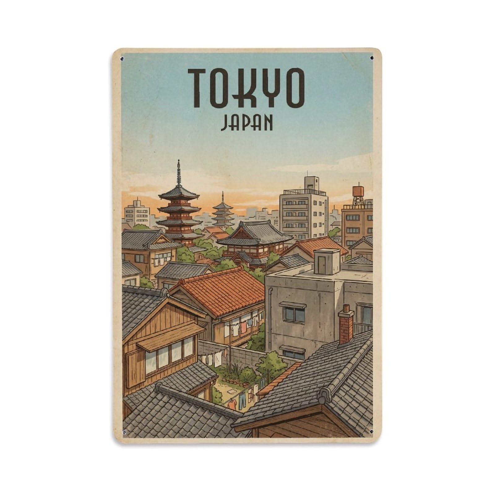 Gead 8X12inch Style Vintage Travel Tokyo Japan Rooftop Metal Tin Sign
