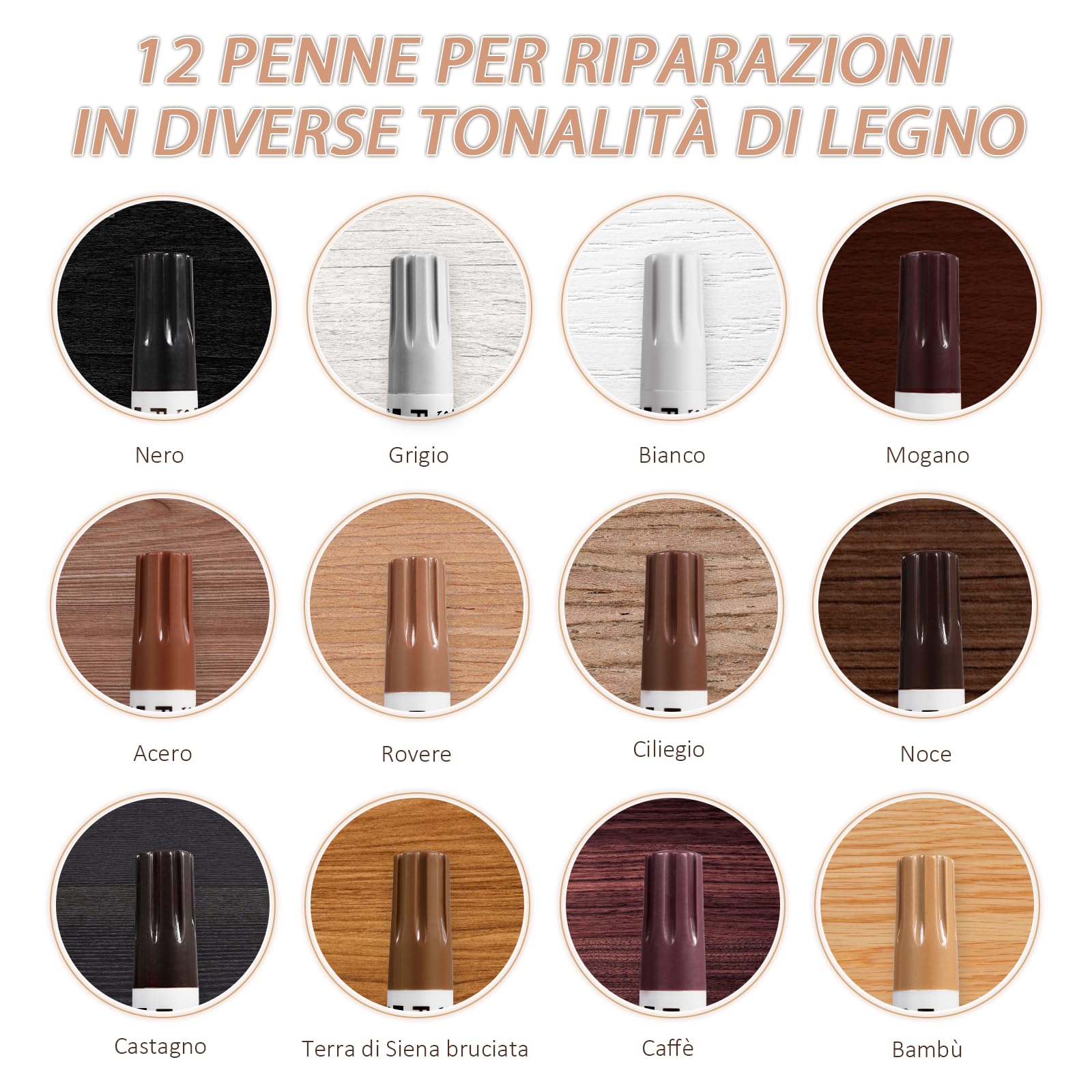 SEISSO Kit di Riparazione per Mobili in Legno, Kit da 12 Pennarelli Ritocco Legno, per Macchie, Graffi, Pavimenti, Tavoli, Scrivanie, Falegnami, Lettini