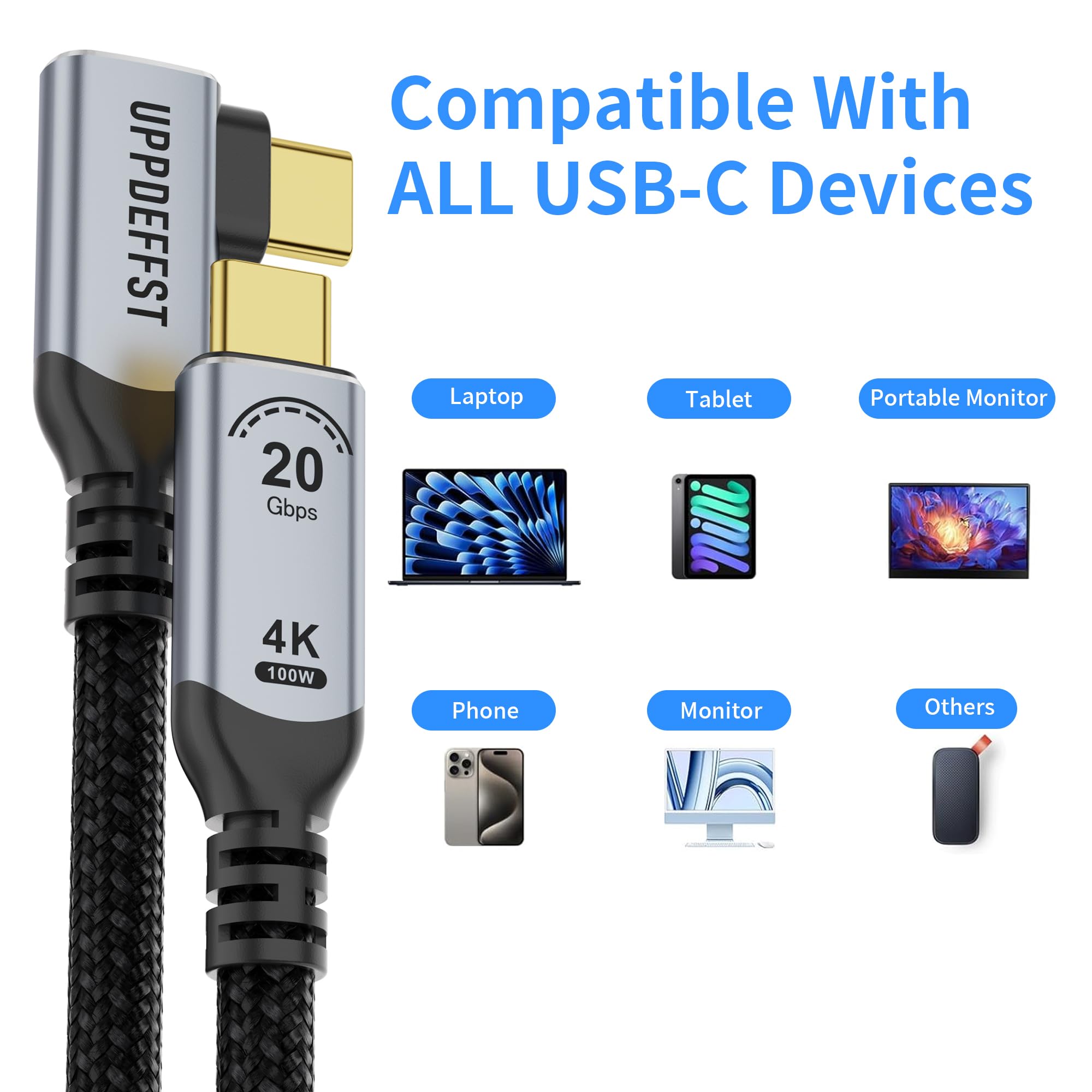 Langes, rechtwinkliges USB C-C 3.2 Gen 2 x 2,20 Gbit/s Datenübertragungskabel, kompatibel mit Thunderbolt 3,90 Grad USB-C auf C Kabel, 100 W Schnellladung, 4K @ 120 Hz Ausgangsmonitor, SSD
