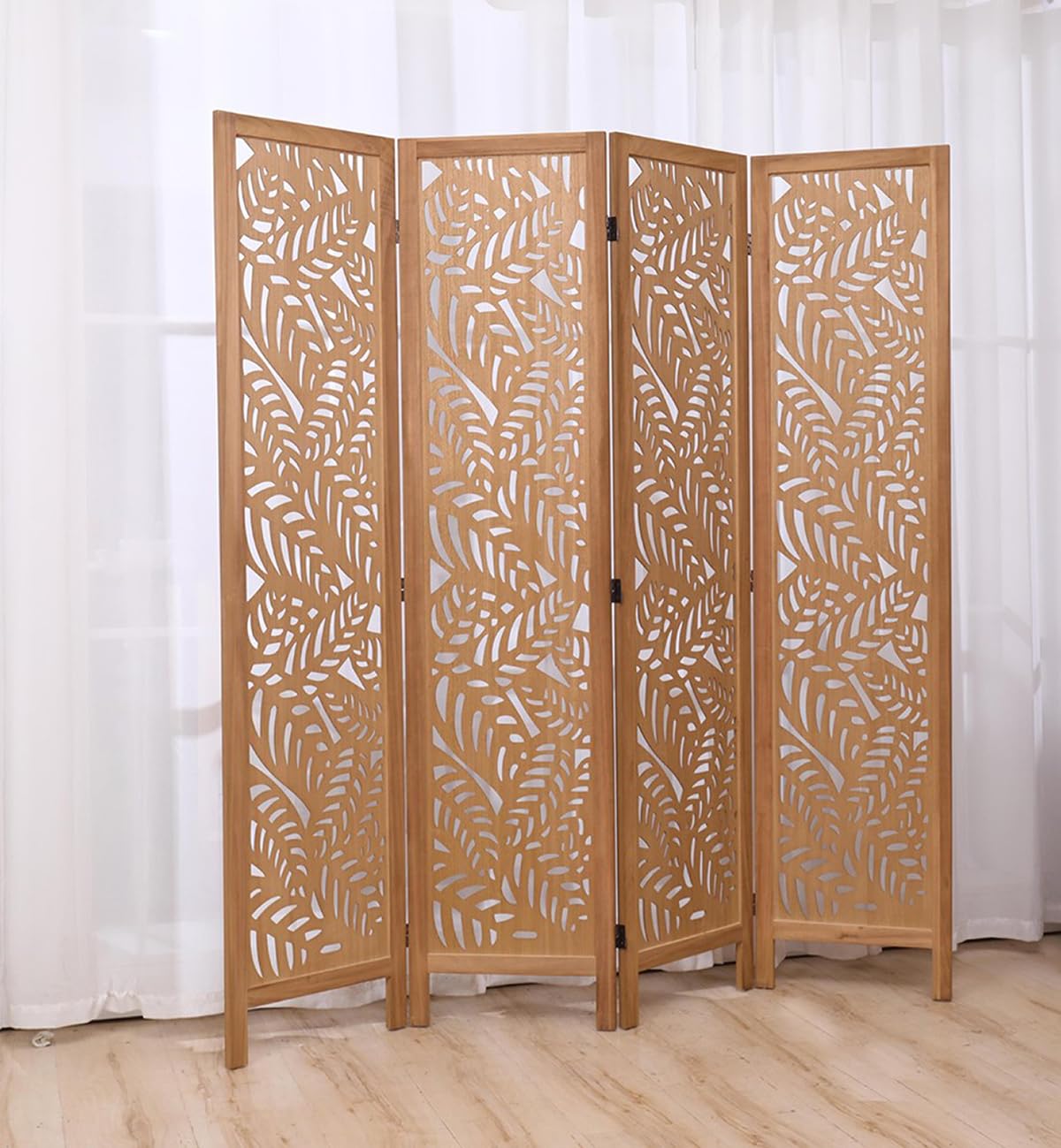 PEGANE Paravent ajouré, séparateur de pièce en Bois avec Motifs Feuille, 4 pans Coloris Brun Clair - Hauteur 170 x Longueur 160 cm