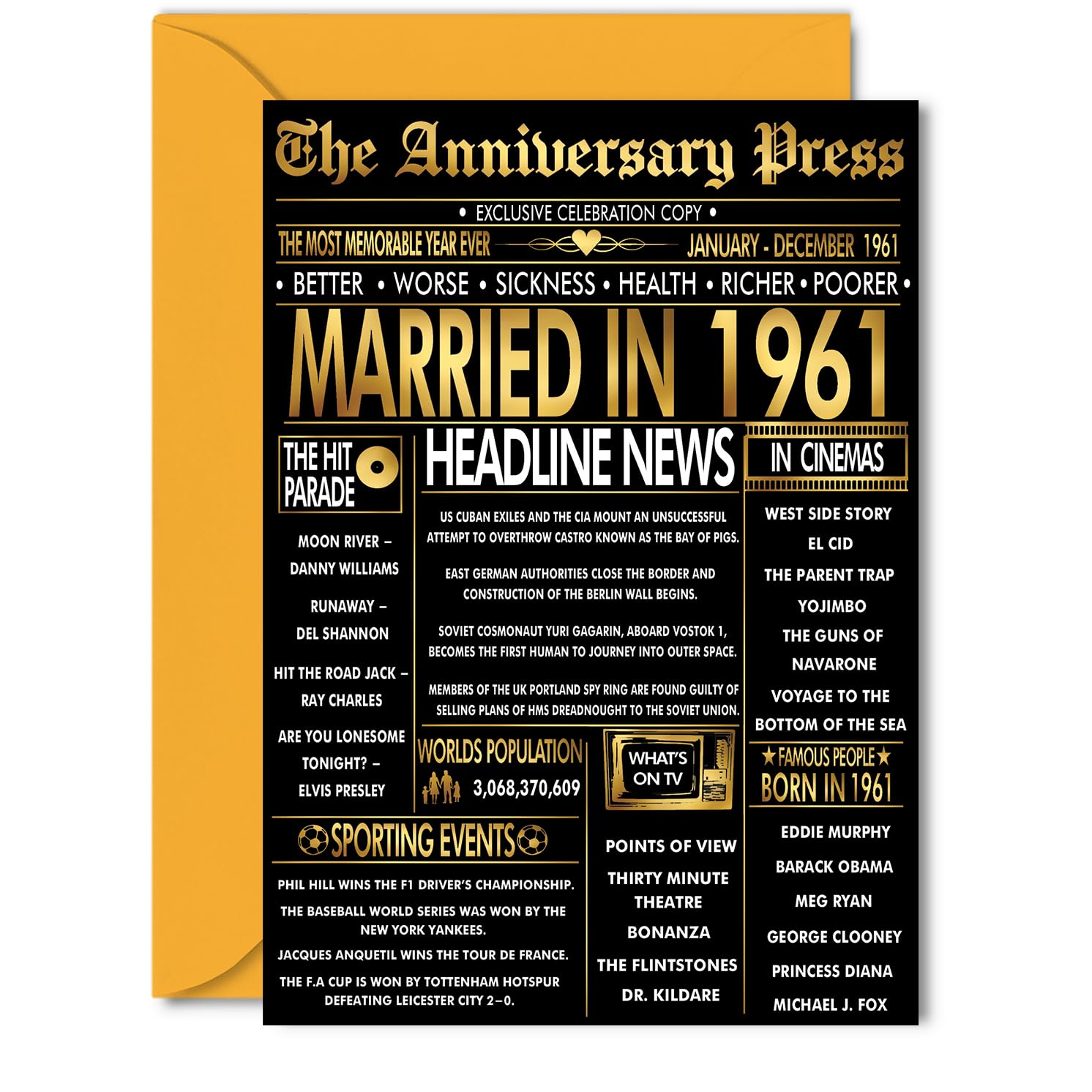 Gold 65th Anniversary Card for Women Men - Golden Newspaper Married in 1961-65 Year Wedding Anniversary Card for Wife Companion Husband Partner, 5x7 Inch Anniversaries Greeting Cards