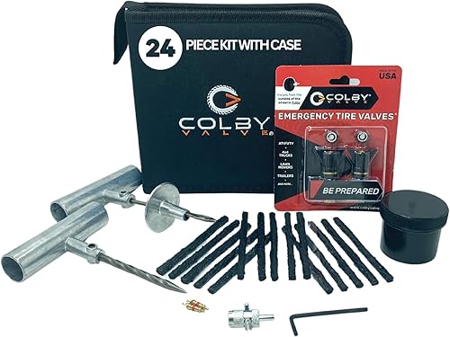 Miniatura 1 de Kit completo de reparación de neumáticos de emergencia con tapones  incluye kit de reemplazo de vástago de válvula de emergencia, 15 tapones de