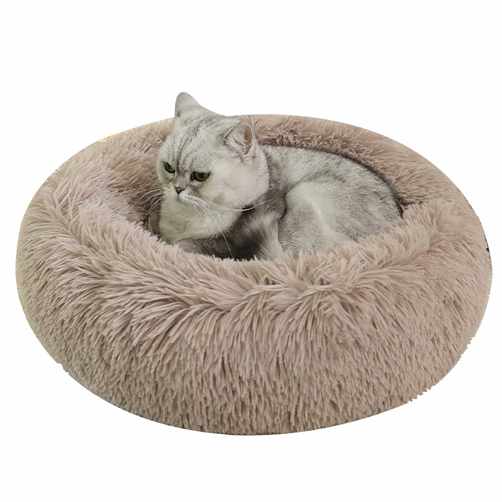 Cat Donut Bed for Indoor Cats, Calming Small Dog Bed, Fluffy Plush Puppy Kitten Cuddler Round Bed Warm Soft Pet Cosy Anti Anxiety Beds with Non-Slip Bottom, Machine Washable,Khaki,40cm/15.75”