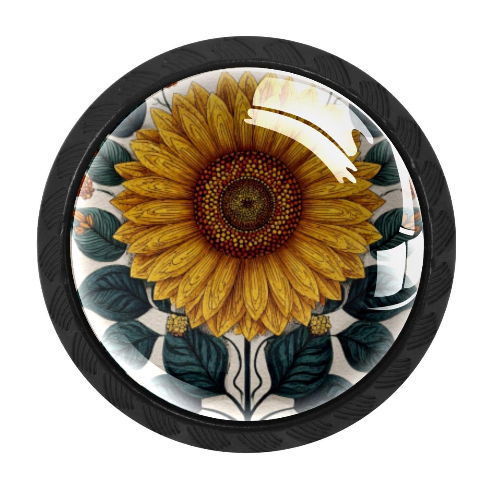 CHENZZZZ 4 Pack Doodle Sunflower with Leaves (1) Dresser Drawer Cabinet Knobs Round Crystal Glass Knobs Pulls Handles for Kitchen Wardrobe Cupboard Door Hardware