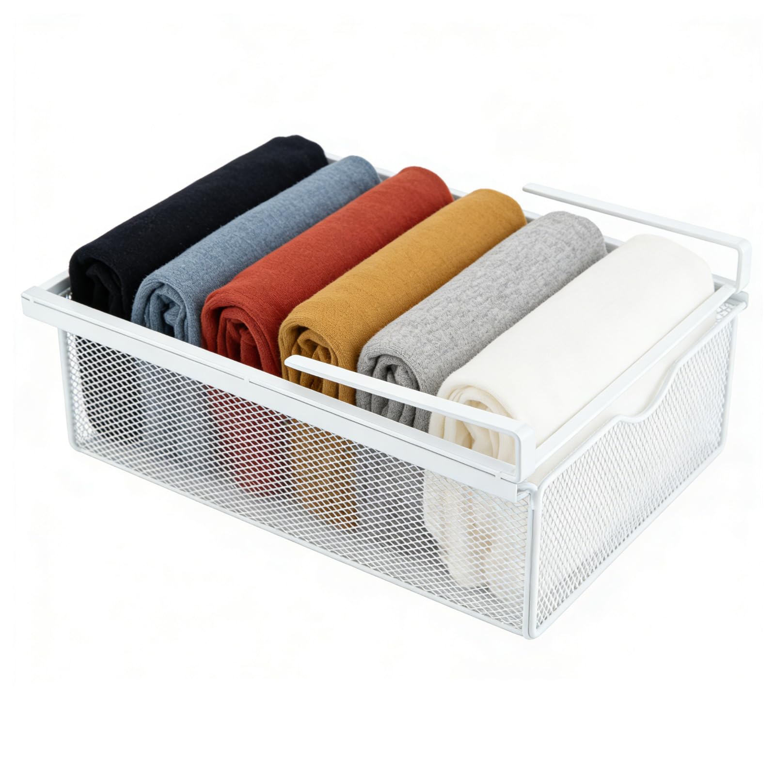 BREEZENEST Metal Mesh Drawer Organizer No-Punch Iron Hanging Storage Box with Pull-Out Design for Bras Underwear Socks Under Shelf Storage Basket for Kitchen Office Wardrobe Cabinet (White)
