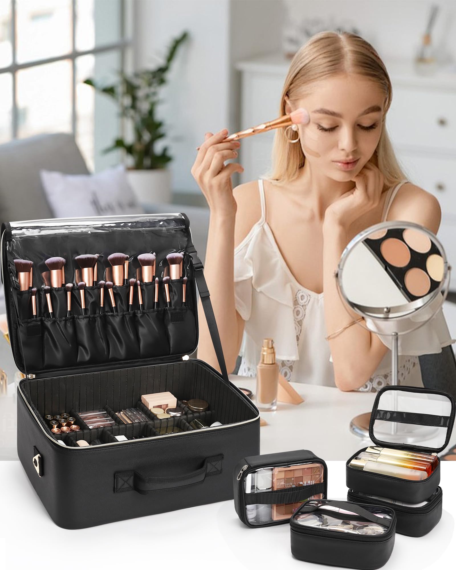Beauty case extra large, custodia professionale per truccatori, organizer da viaggio con 4 piccoli scomparti e piattino per pennelli/rossetti, divisori regolabili