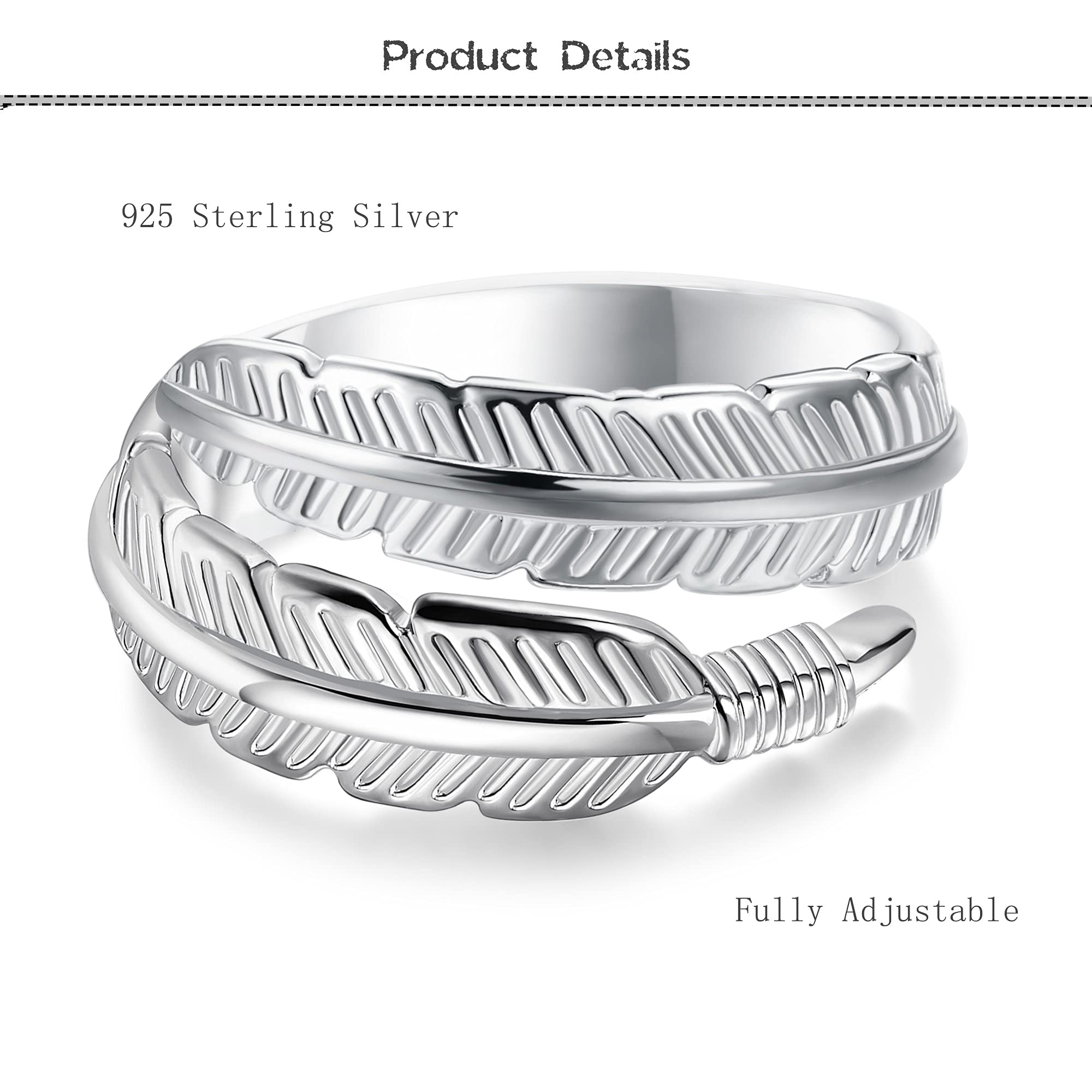 BESTEEL Anillo De Plata Esterlina 925 para Mujer Niñas Anillos de Compromiso Boda Pluma Anillo Hojas Alas de Angel Vintage Anillo Abierto Ajustable…