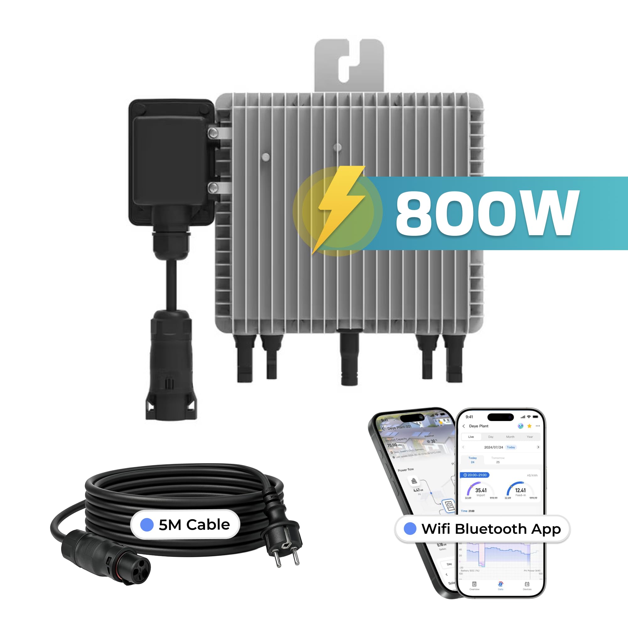 DEYE Mikro-Wechselrichter 800 W SUN-M80G4-EU-Q0 inkl. 5m Anschlusskabel für Balkonkraftwerk, IP67 wetterfest, Plug&Play Installation, 2 MPPT, WiFi, Micro Inverter
