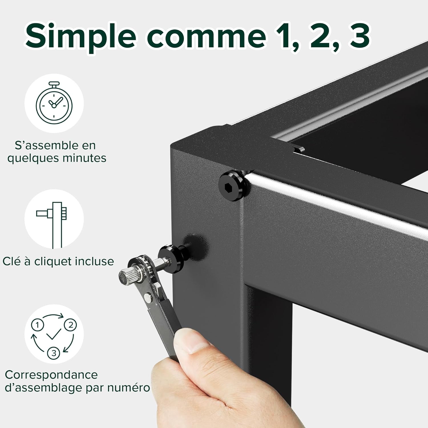 Close-up of Zinus Elias bed frame assembly showing numbered parts and included ratchet tool