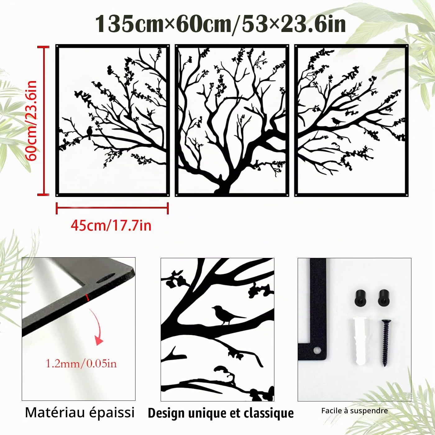 Pduoduo Décoration murale en métal 3 panneaux Ornement branche d'arbre moderne branche d'arbre pour la décoration murale de la maison (53in x 23,6in)