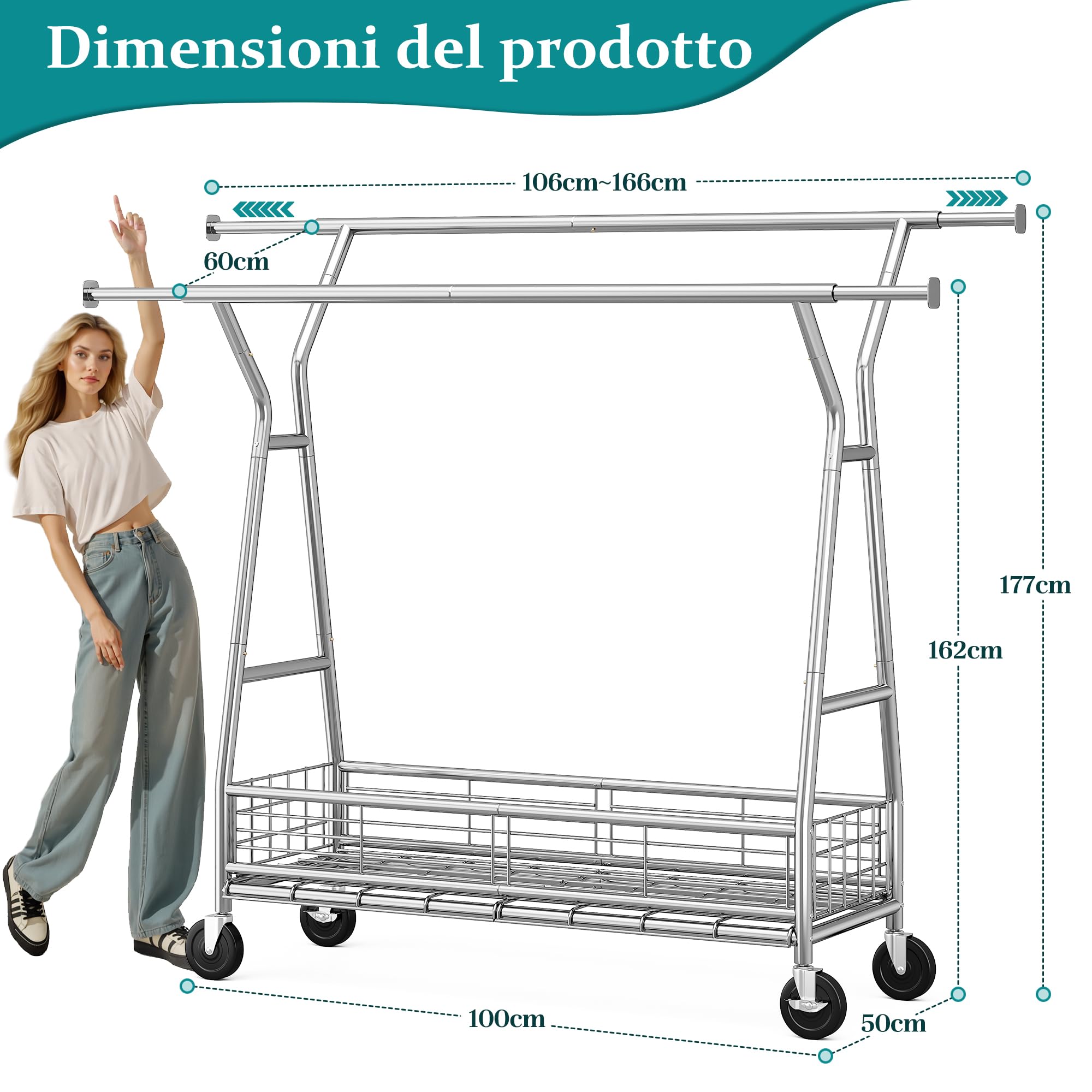 Stand Appendiabiti con Ruote e Cestino, Portata max 200KG, Argento | Doppia barra (alta e bassa) e vassoio rete, appendiabiti estensibile 106–166 cm, per Presentazione, Stoccaggio, Argento