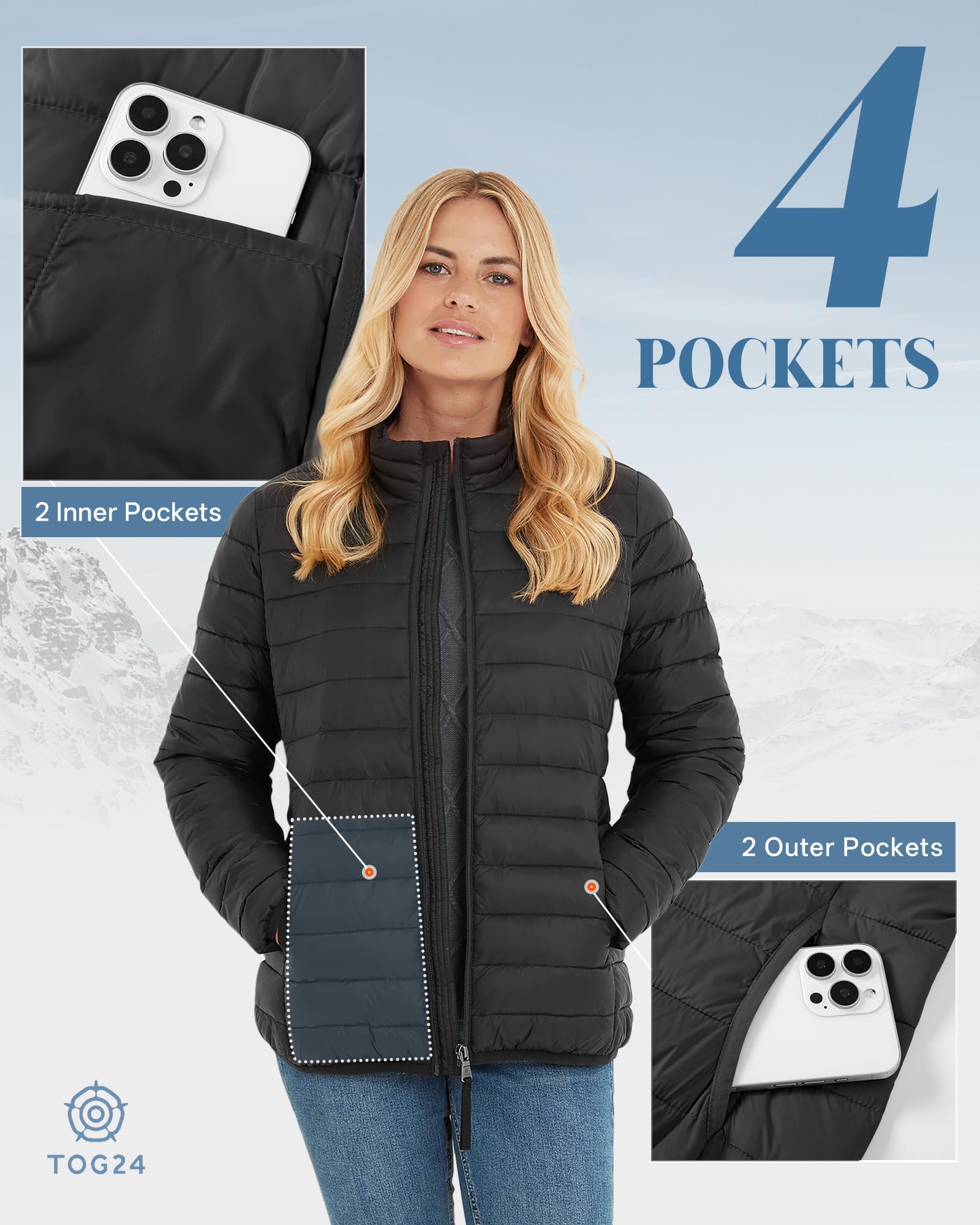 TOG24 Gibson - Piumino da donna, leggero, trapuntato, caldo, invernale, imbottito, per attività all'aperto, viaggi, escursioni, Nero , 44