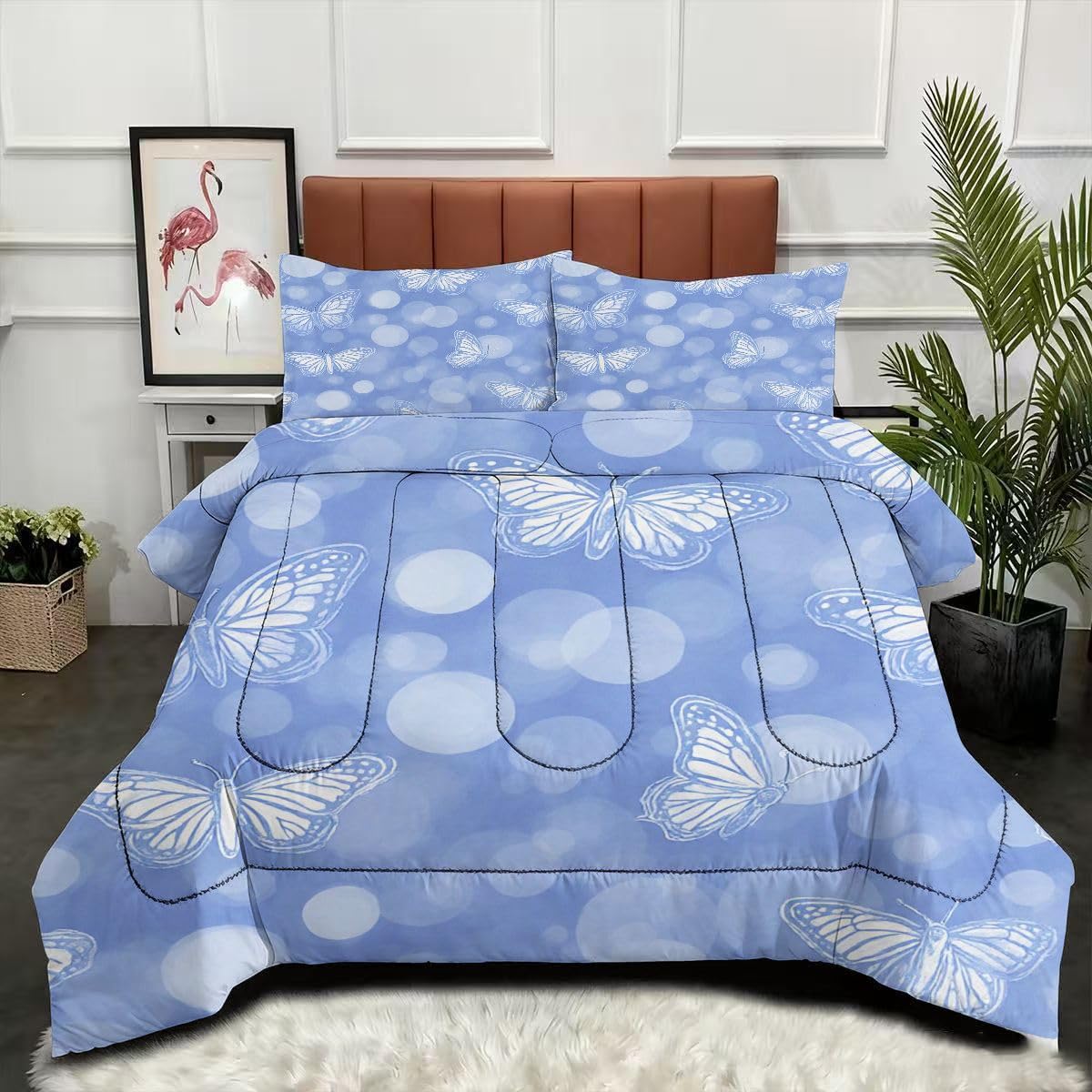 Couette 240x260 papillon en microfibre avec 2 taies d'oreiller pour lit 2 personnes