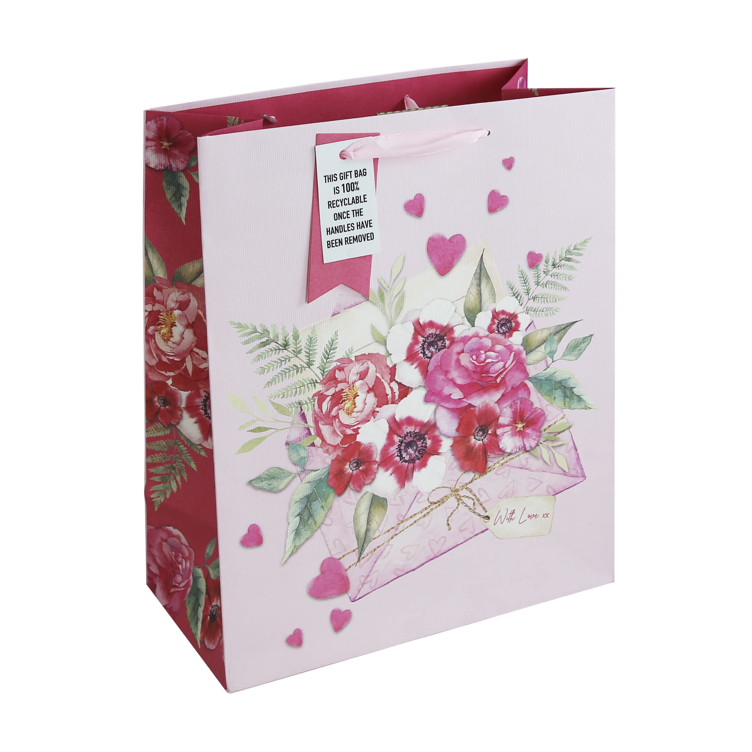 Eurowrap Love Letter Valentines Mothers Day Anniversay Roses With Love White Kraft Paper Gift Bag Made from 100% Recycled Paper Large Size