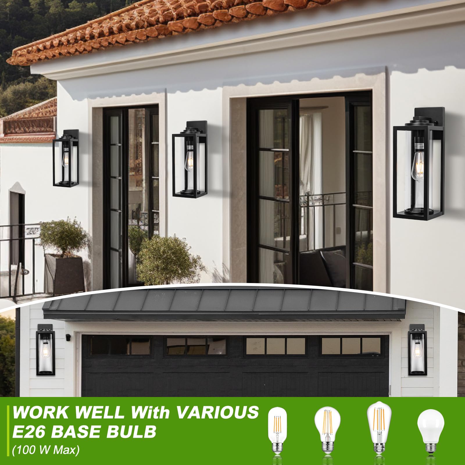 16inch Large Outdoor Wall Lights - 2 Packs Modern Black Exterior Light Fixture with Clear Glass Shade Waterproof — view 5