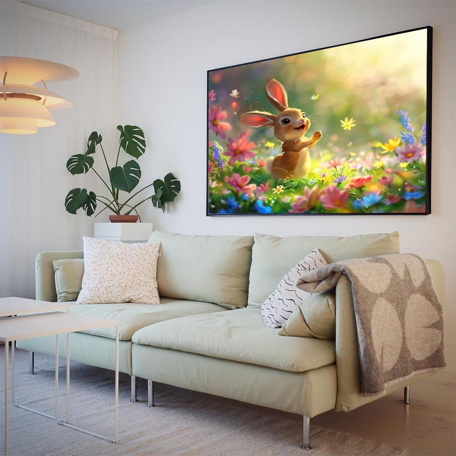 Via Vela Mignon Lapin Floral Toile Art Mural Vibrant Animal Images Nature Paysage Oeuvre d’art Impressions Lapin Jardin Affiche Peinture pour Bureau Décor 40x60cm avec Cadre Noir