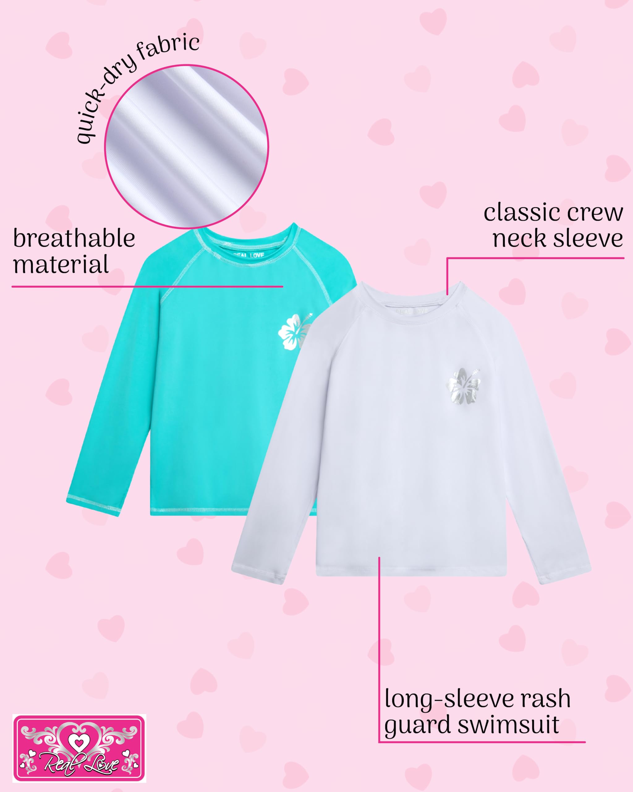 Real Love Girls' Rash Guard Shirts - 2 Piece Quick Dry Crew Neck Long Sleeve Swimming Shirts for Girls (Sizes: 2T-16), Size White-Mint, White-Mint