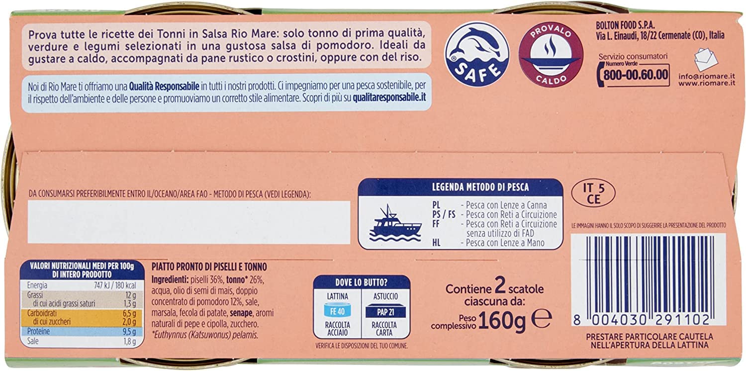 6x Rio Mare Piselli e Tonno fertiggerichte Thunfisch Erbsen 2x160g Instant food