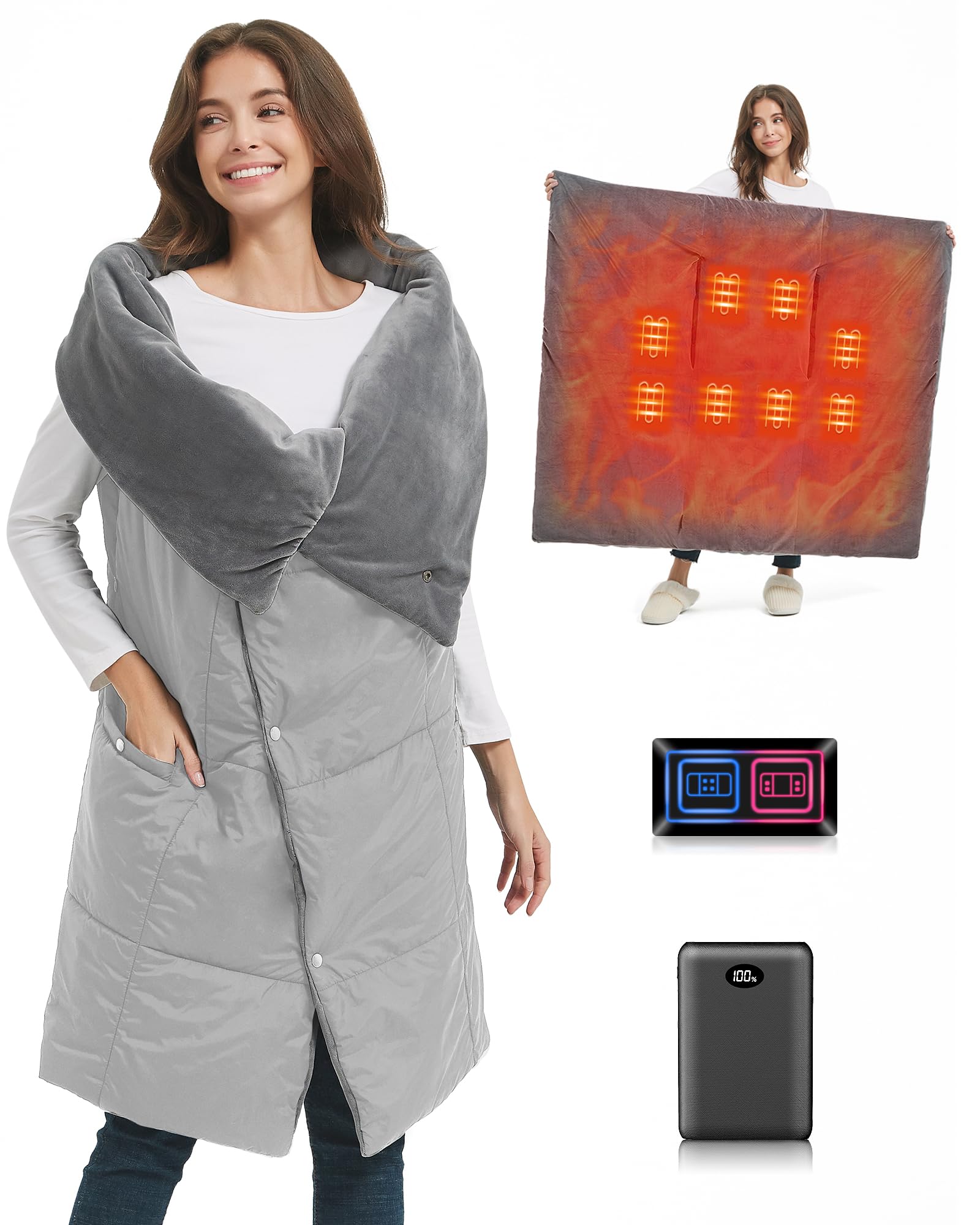 Heizdecke Kabellos mit 7.4V Akku für Herren Damen, FERNIDA Elektrische Wärmekissen Tragbar Beheizter Schal für Zuhause, Büro, Reisen, Wandern,Grau