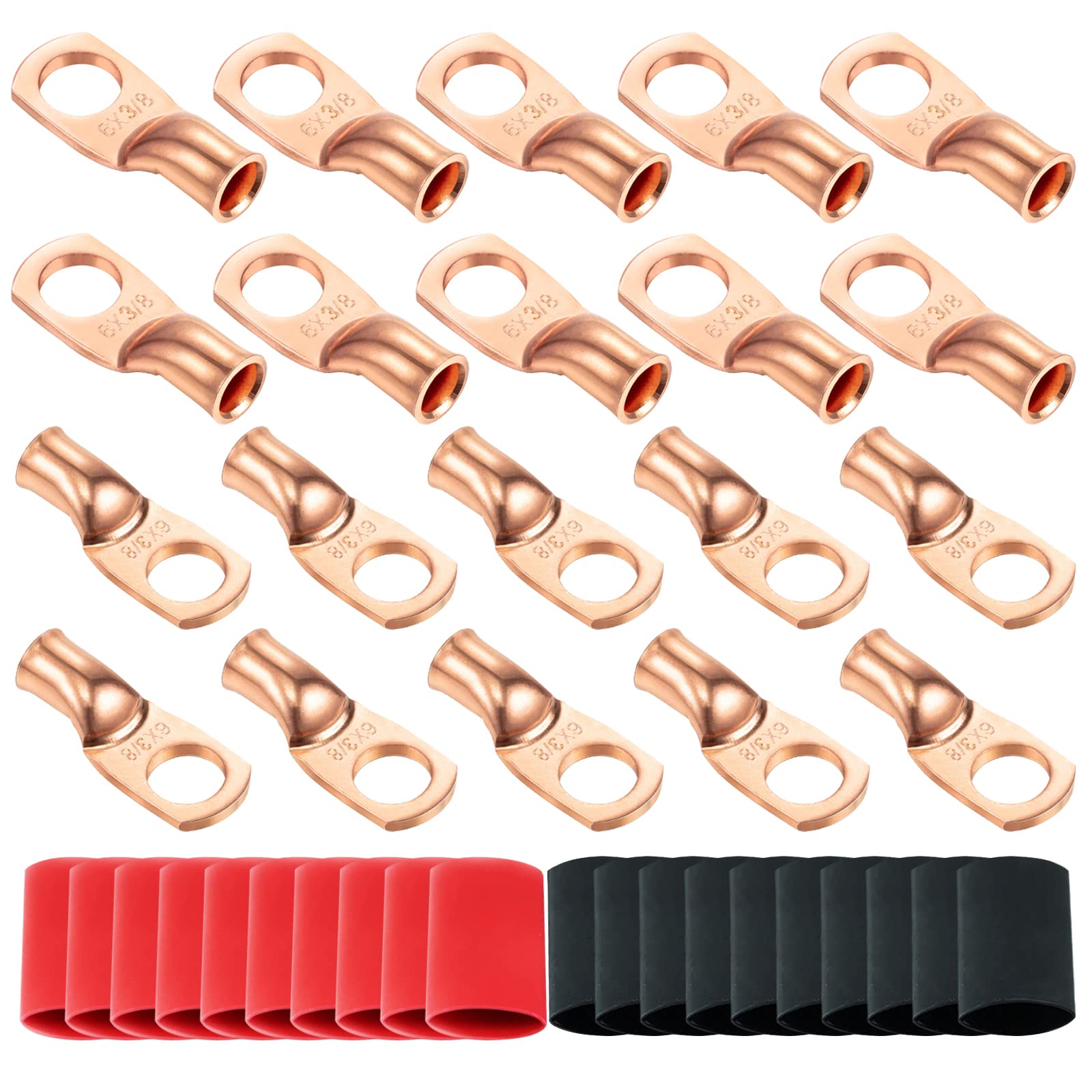 Ampper Heavy Duty Copper Wire Lugs, UL Eyelets Ring Crimp Copper Terminal Connectors W/ 20 Pcs Heat Shrink Tubing for Battery Cable Ends and More (6 Awg, 3/8