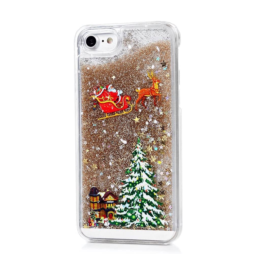 iPhone SE 2022 Case, SE 2020 Case, iPhone 7/ 8 Christmas Case, Clear Glitter Sparkle Quicksand Floating Shiny Liquid Xmas Santa Claus Shockproof Rigid PC Back Shell & Soft Silicone Bumper, Gold