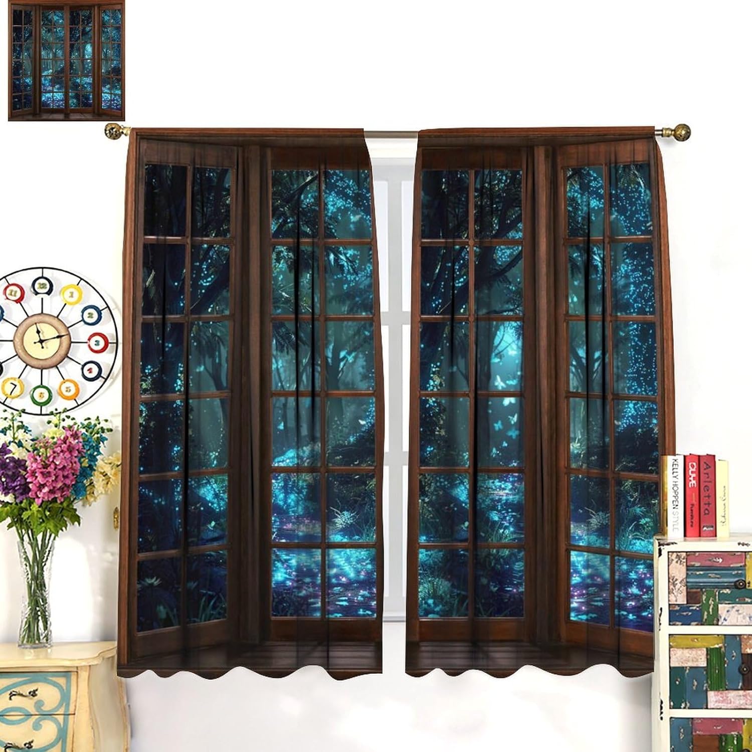 Magic Forest Curtains, 3D Window Green Blue Fantastic Window Treatments for Modern Bedroom Kitchen Living Room Home Decor Drapes, 42x45 Inch, 2 Panels