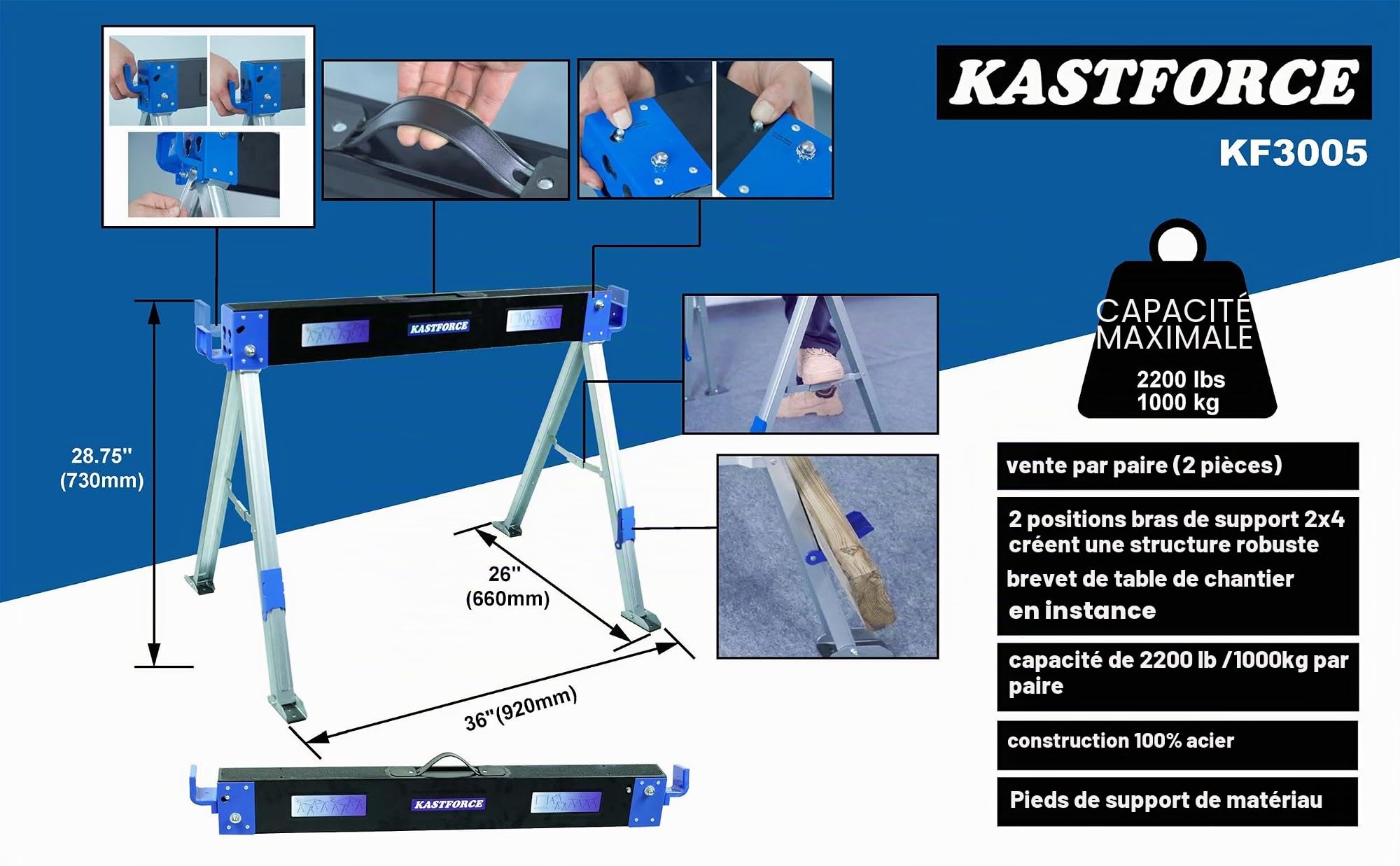 KF3005 Chevalet de sciage pliable avec pieds pliables Capacité 1000 kg