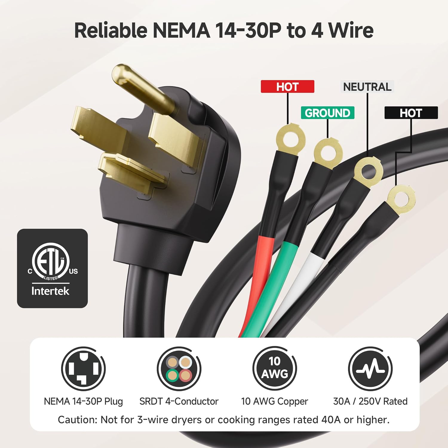 Cable Matters 4 Prong Dryer Cord - 6ft, Supports 30A/250V/7500W, 10AWG, NEMA 14-30P to 4 Wire, Dryer Power Cord