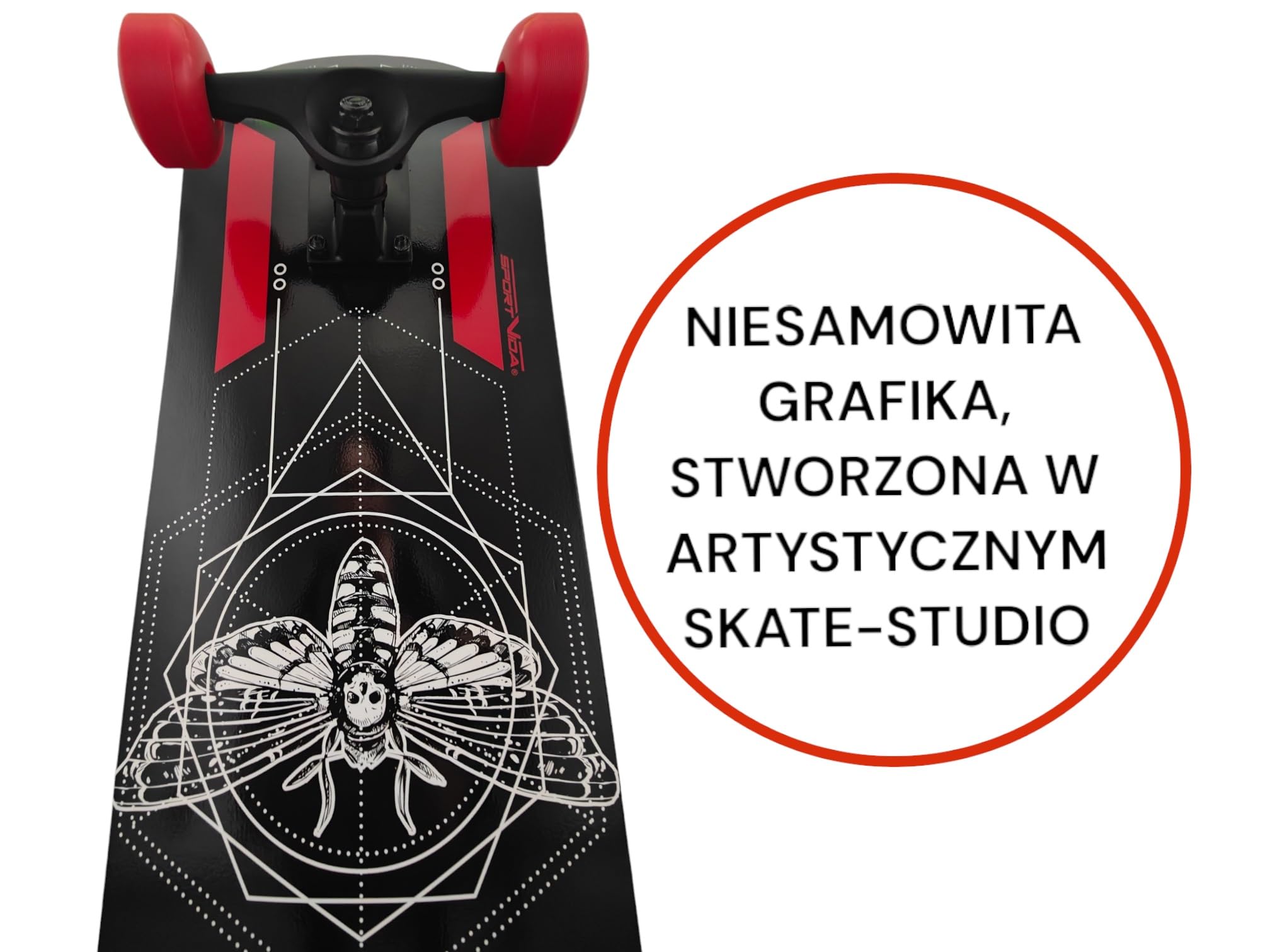 Deskorolka dla doros³ych z ³o¿yskiem kulkowym — deskorolka dzieci od 8 lat. Wykonane z drewna. Nowoczesne grafiki. Urz¹dzenia sportowe do skateparku i sztuczek na rampie (czarny - czerwony)
