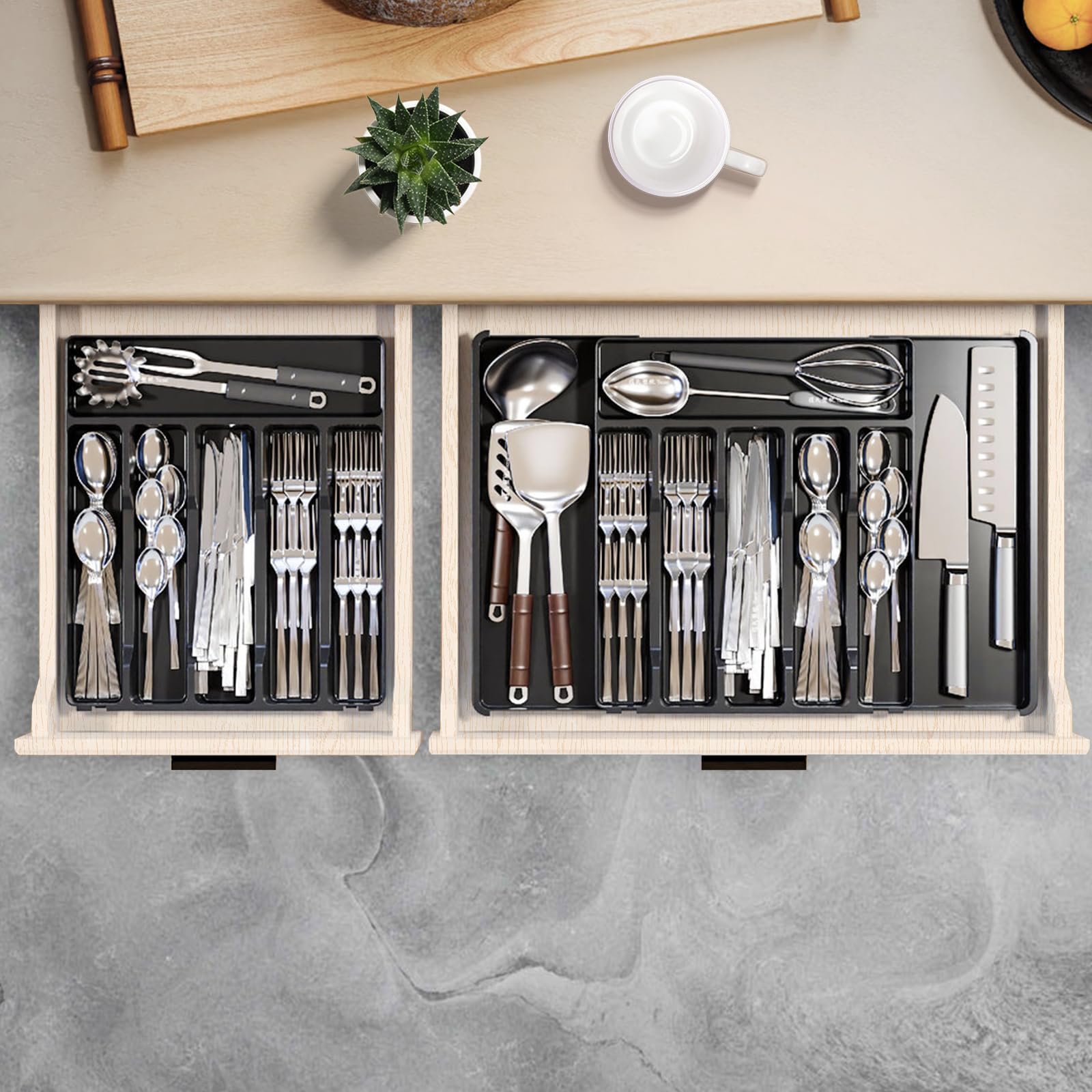 Charmofun Portaposate da Cassetto, Organizer Cucina Espandibile con 9 Scomparti, Nero