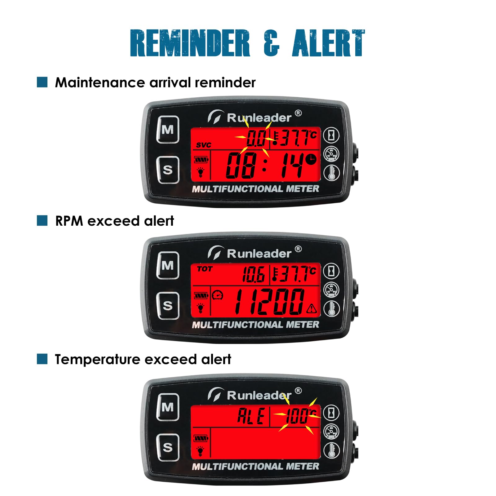Runleader Indicador de Temperatura del Motor Digital, Tacómetro de Horas de Mantenimiento, Reemplazo de Batería y Fuente de Alimentación Externa de CC 5V a 30V para Motores de Gasolina,Cortacésped