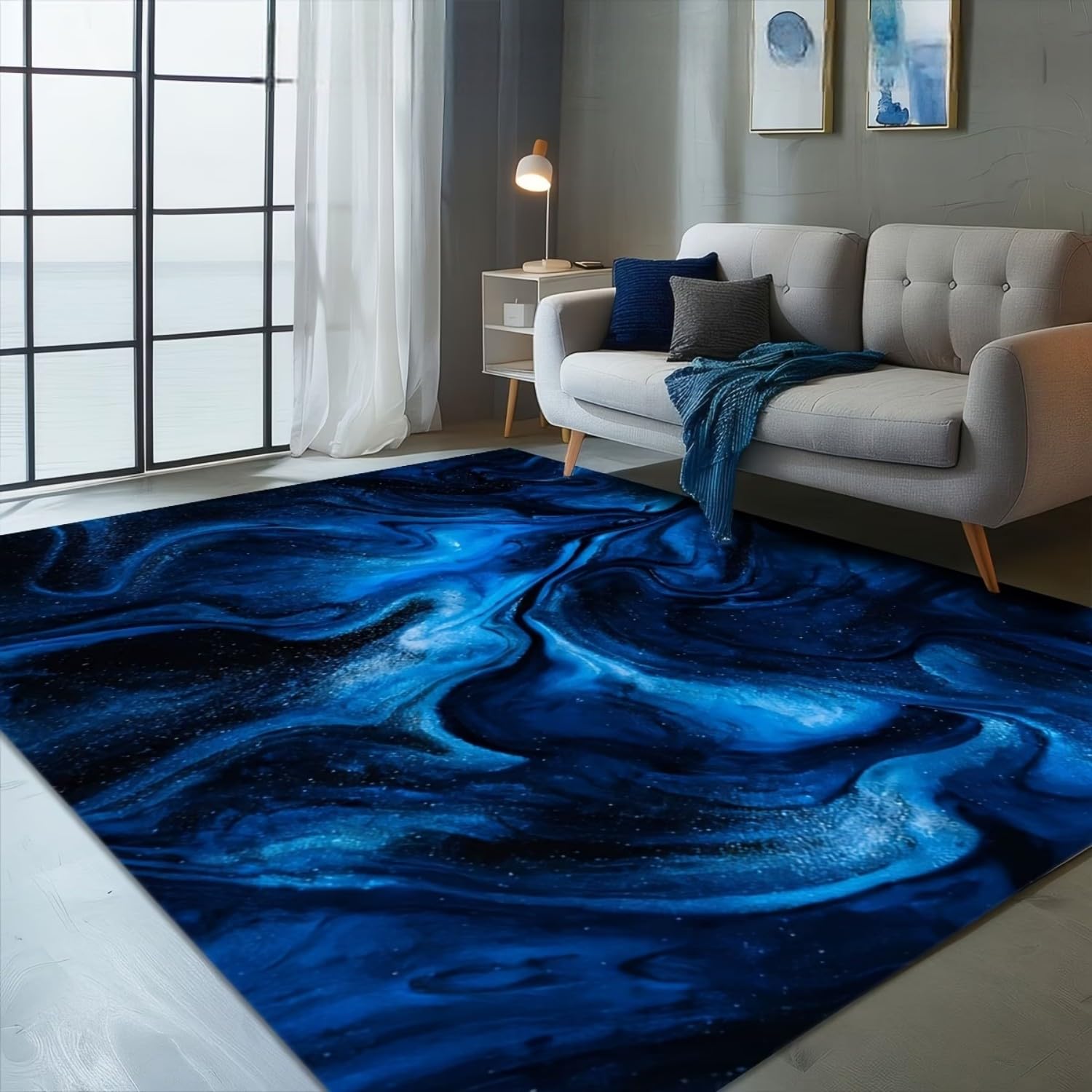 RICAUOU Large Blue Area Rugs for Living Room, 60x90cm Marble Swirl Floor Carpet, Dark Navy Abstract Fluid Art Carpet, Soft Washable Non Slip Mat for Lounge Bedroom Dining Room Office Home Decor