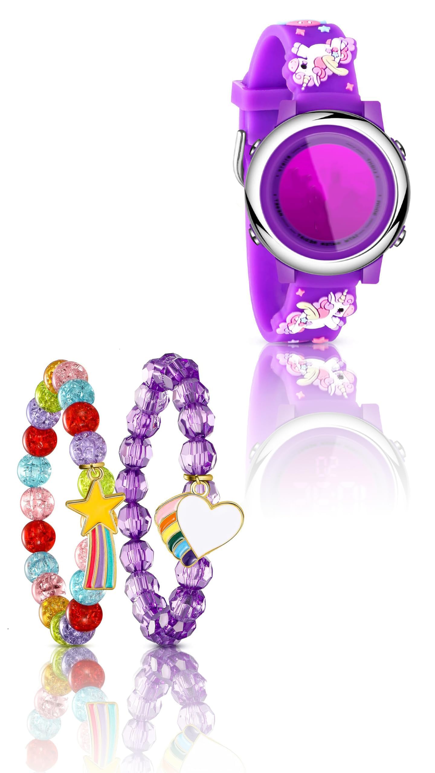 3 pcs Unicorn-themed Kids Watch Set: Waterproof Digital Watch with Alarm, Stopwatch, and Unicorn Bracelet - Perfect Back to School & Birthday Gift for Girls Ages 3-10 Purple