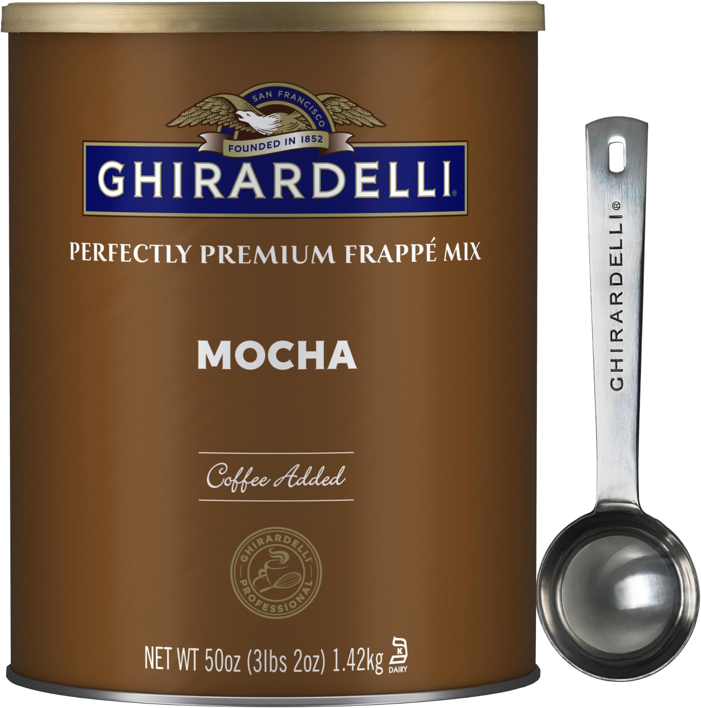 Mocha Premium Frappé Mix, 3.12 lb Can with Ghirardelli Stamped Barista Spoon