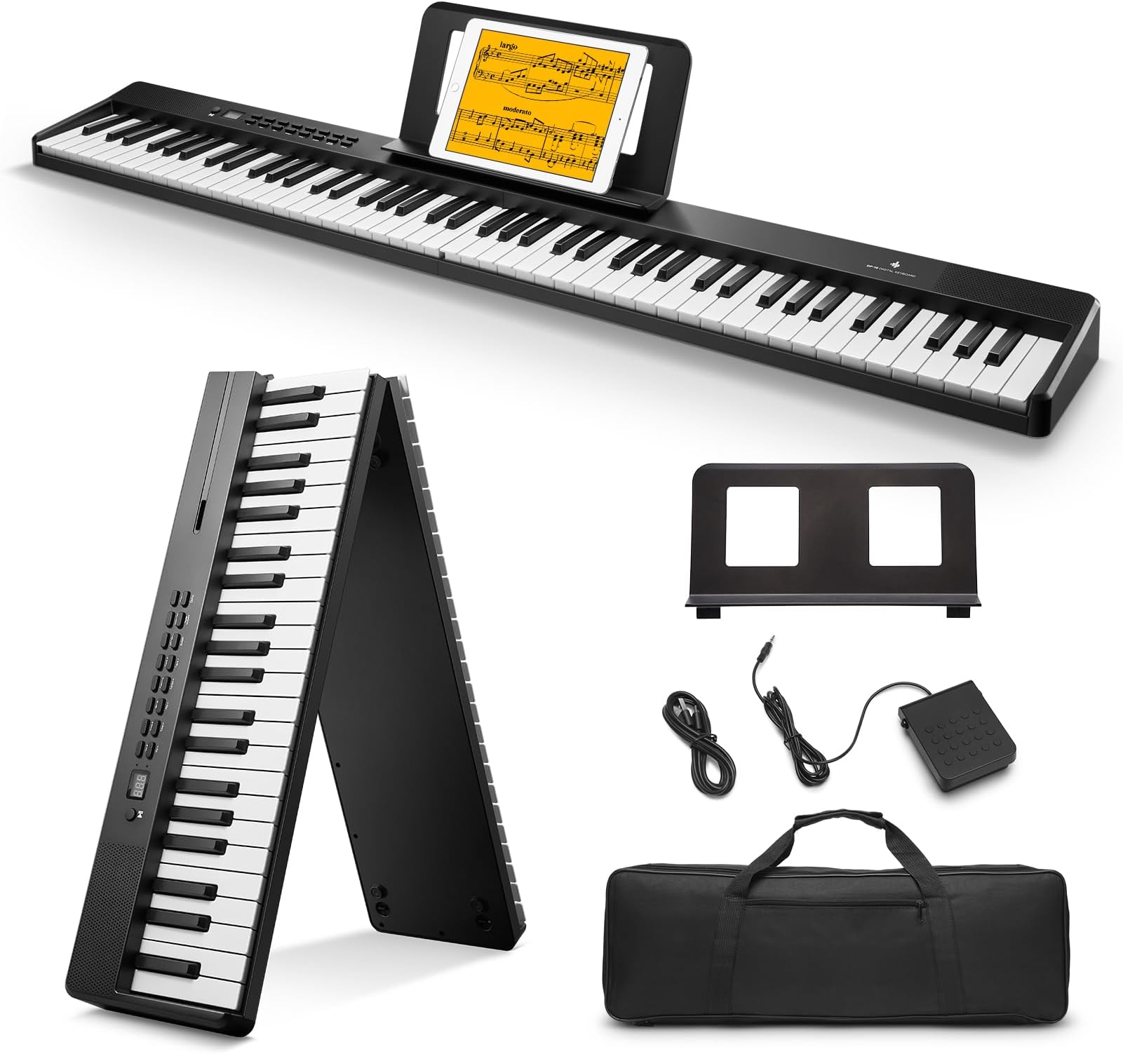 DP-10 Portable Piano Keyboard 88 Keys for Beginner, Bluetooth Foldable Piano Keyboard with 128 Rhythms&Tones, Chord, Record, Drum Kit, Folding Digital Piano Bundle with Pedal, Piano Bag, Black