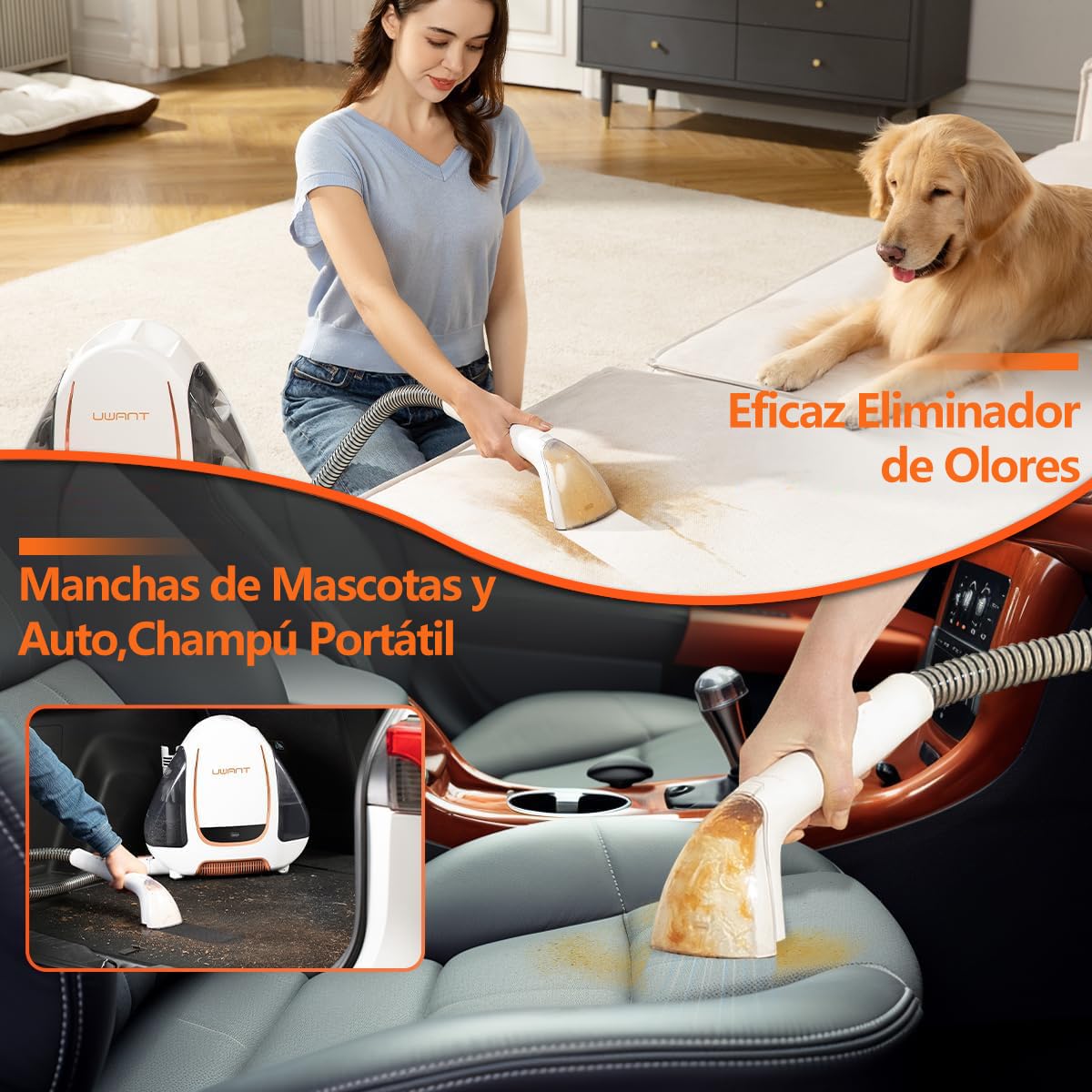 uwant Máquina Limpiadora de apiceriasy Tapicerías con de Succión Potente, Portátil, Para Manchas de Mascotas, Sofá, Coche y Alfombra, Con Herramientas y Solución de Limpieza