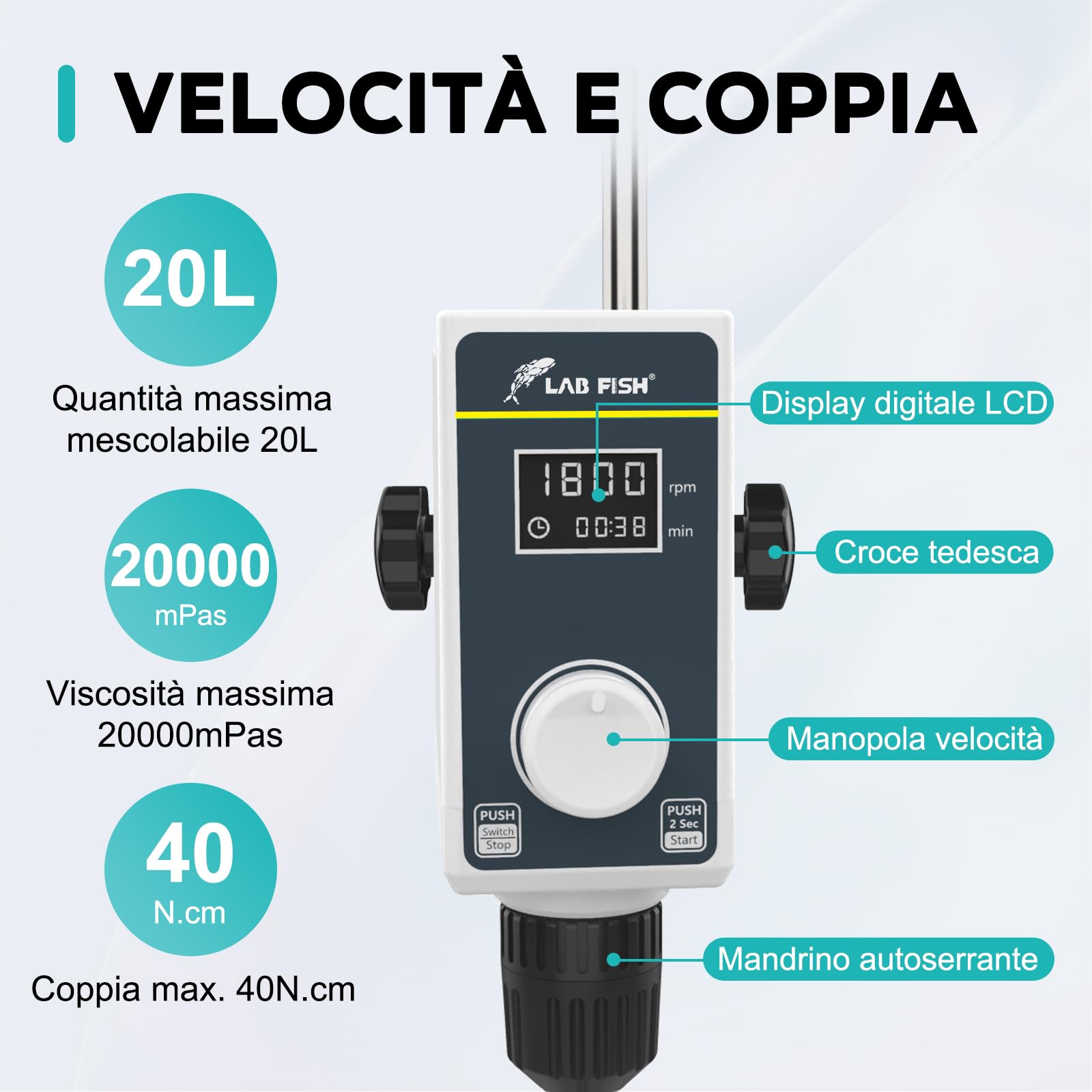 LAB FISH Agitatore a Immersione Overhead Stirrer, Miscelatore da Laboratorio 50W con Pala e Supporto Acciaio Inox, Velocità Regolabile 100-2000 RPM, Timer 1min-24h, per 20L & 20000 mPas