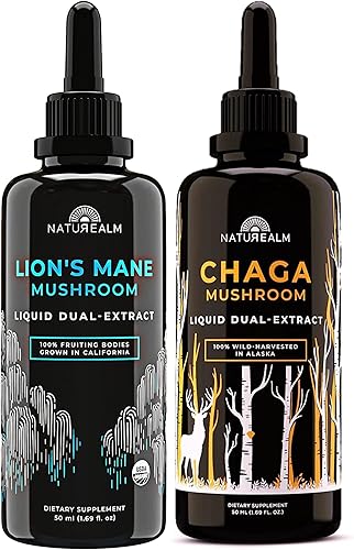 Naturealm Lion's Mane & Chaga - Extracto de hongo Chaga  Pila de adaptógeno para concentración, inmunidad, longevidad, alivio del estrés, salud